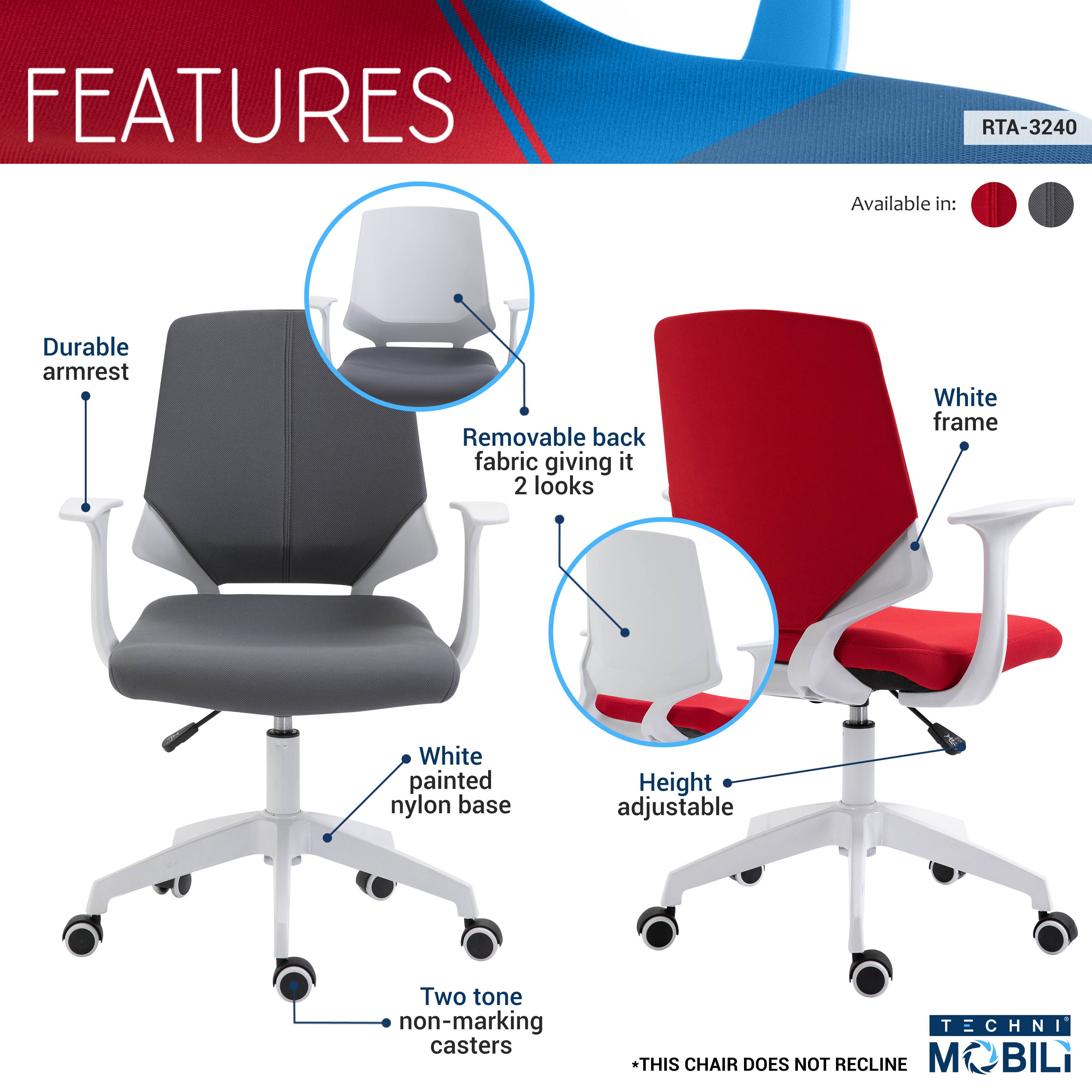 Techni Mobili Mid Back Office Task Chair with Height Adjustment, Executive Swivel Chair with Two Tone Non Marking Caster Wheels, Red
