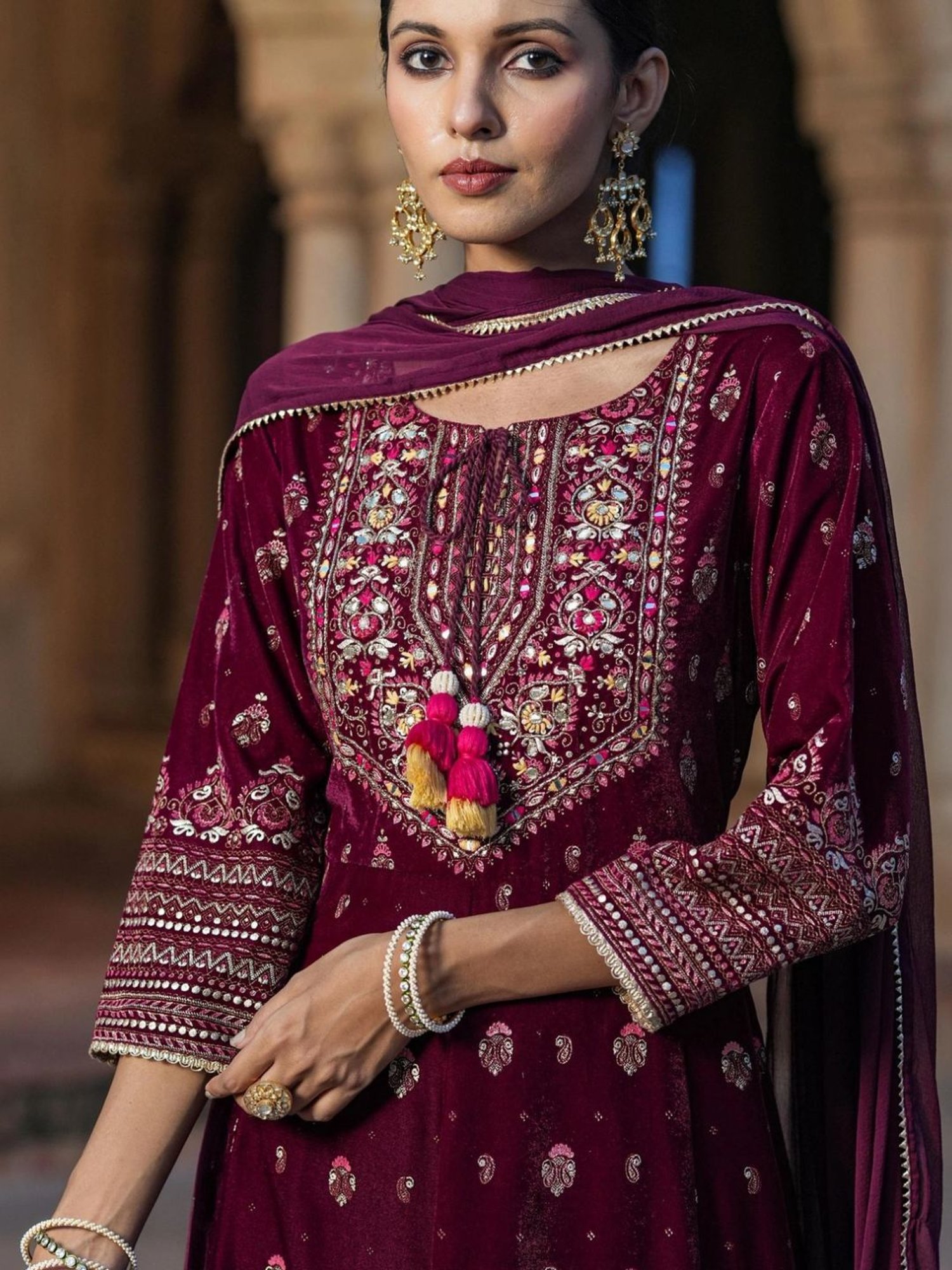 Scakhi Maroon Velvet Foil Printed Anarkali Suit Set Kurta With Pant And Dupatta