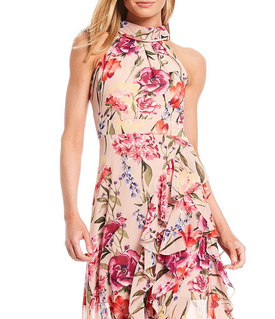 Eliza J Halter Floral Print Chiffon Sleeveless Maxi Dress