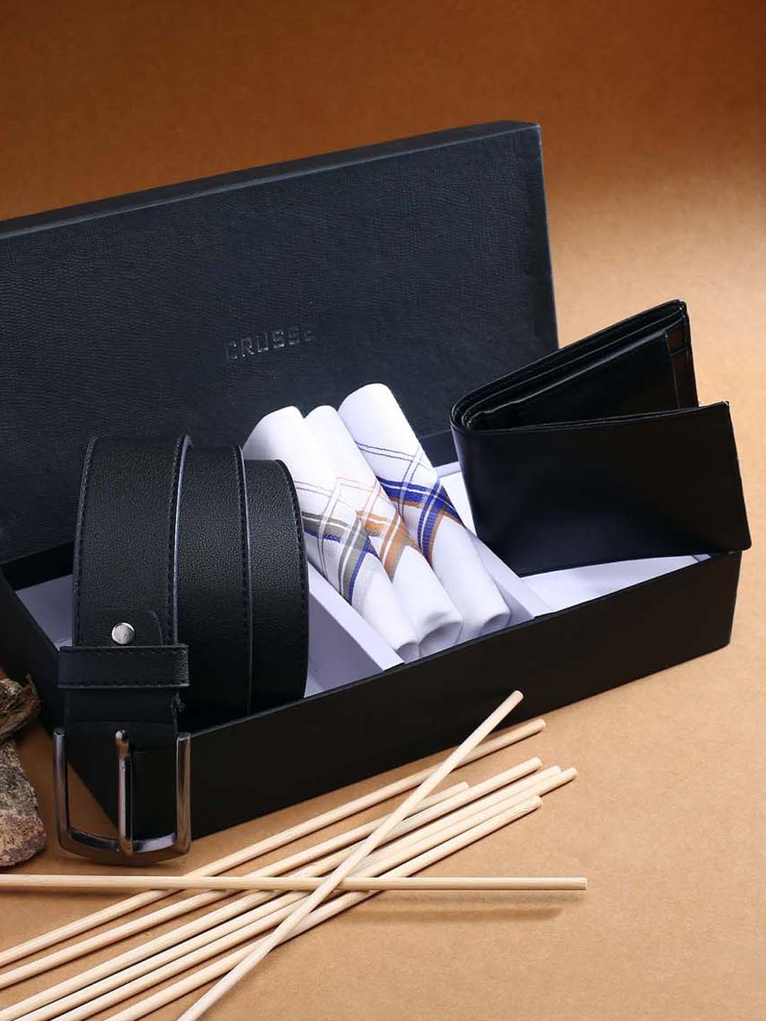 Crusset Black Formal Belt, 3 Handkerchief  with Wallet for Men