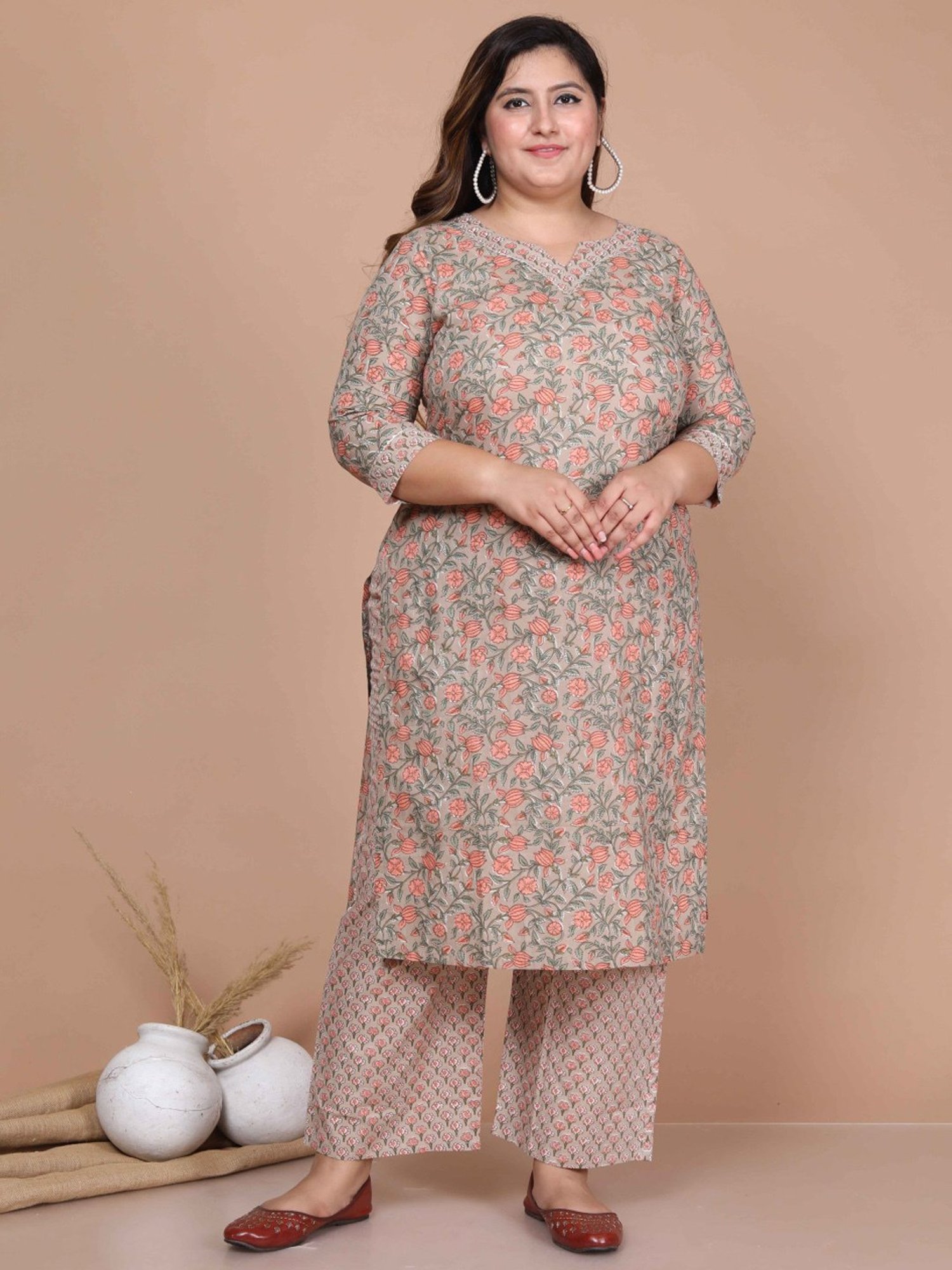 Miravan Beige Cotton Floral Print Kurta Palazzo Set