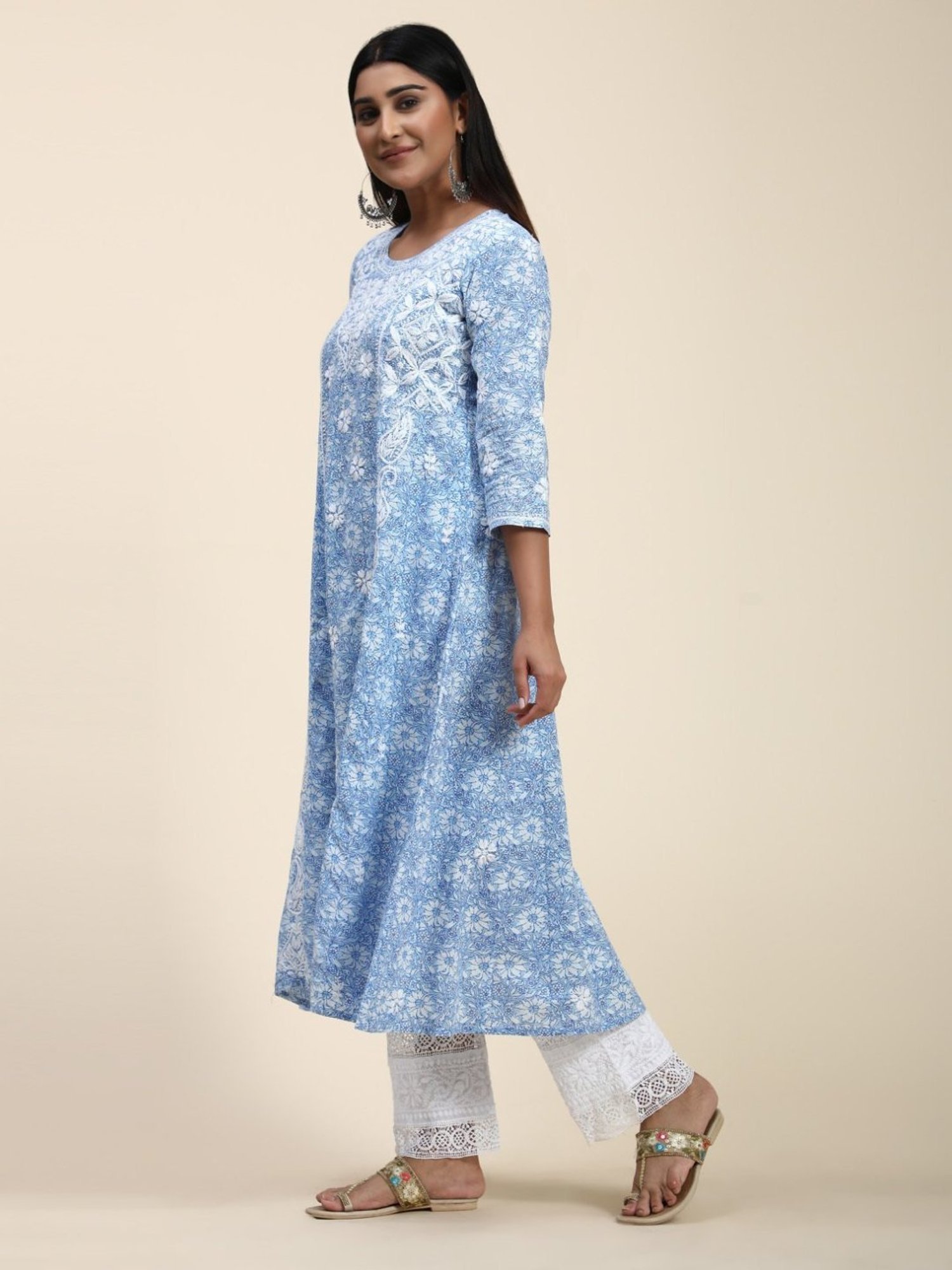 House Of Kari HOK Hand Embroidery Chikankari Long Kurti for Women -Printed Blue
