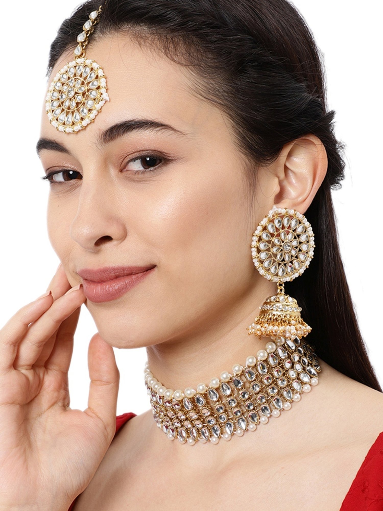 Zaveri Pearls Clear & Pearl White Alloy Necklace Set