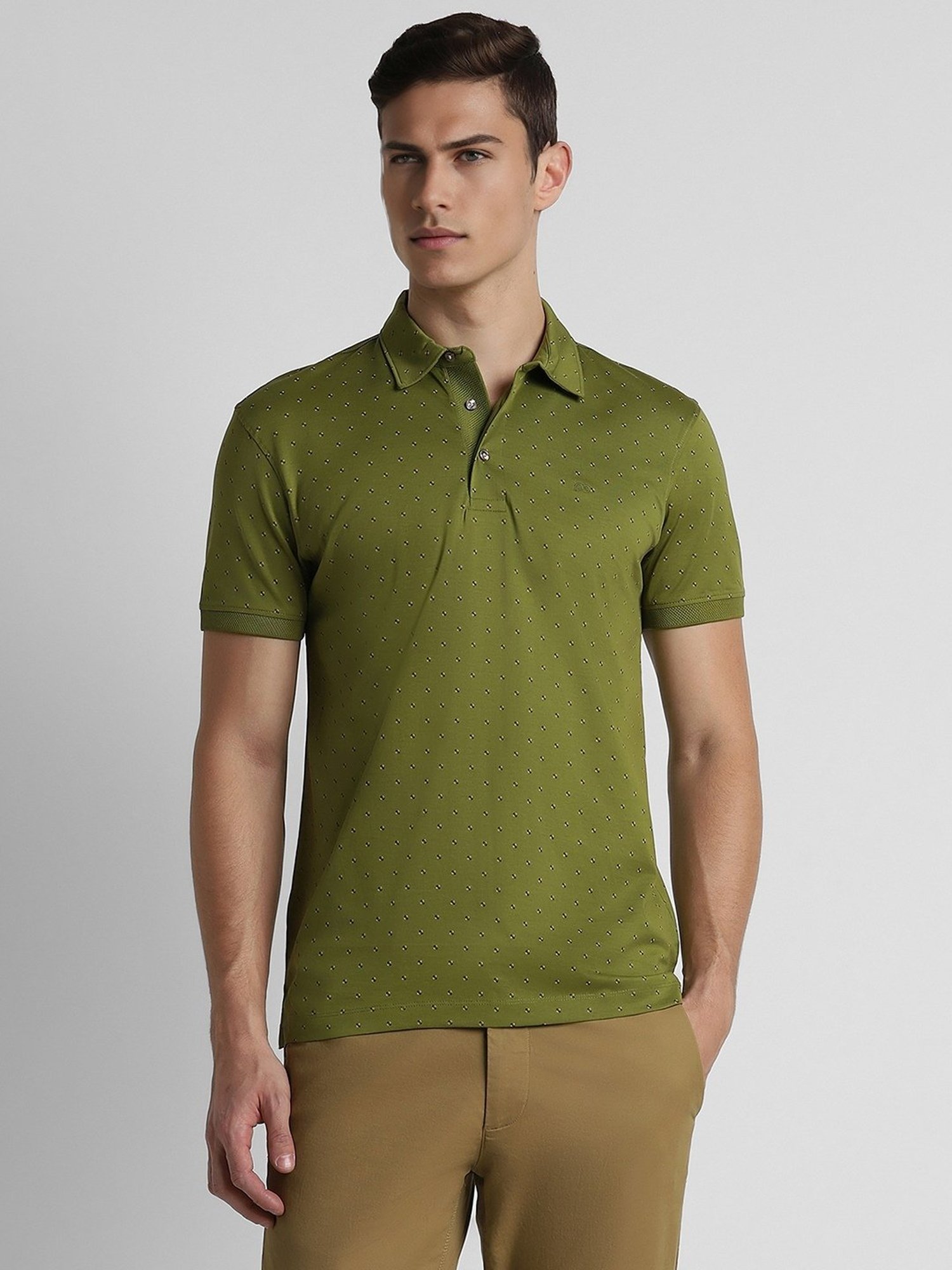 Peter England Green Cotton Slim Fit Printed Polo T-Shirt