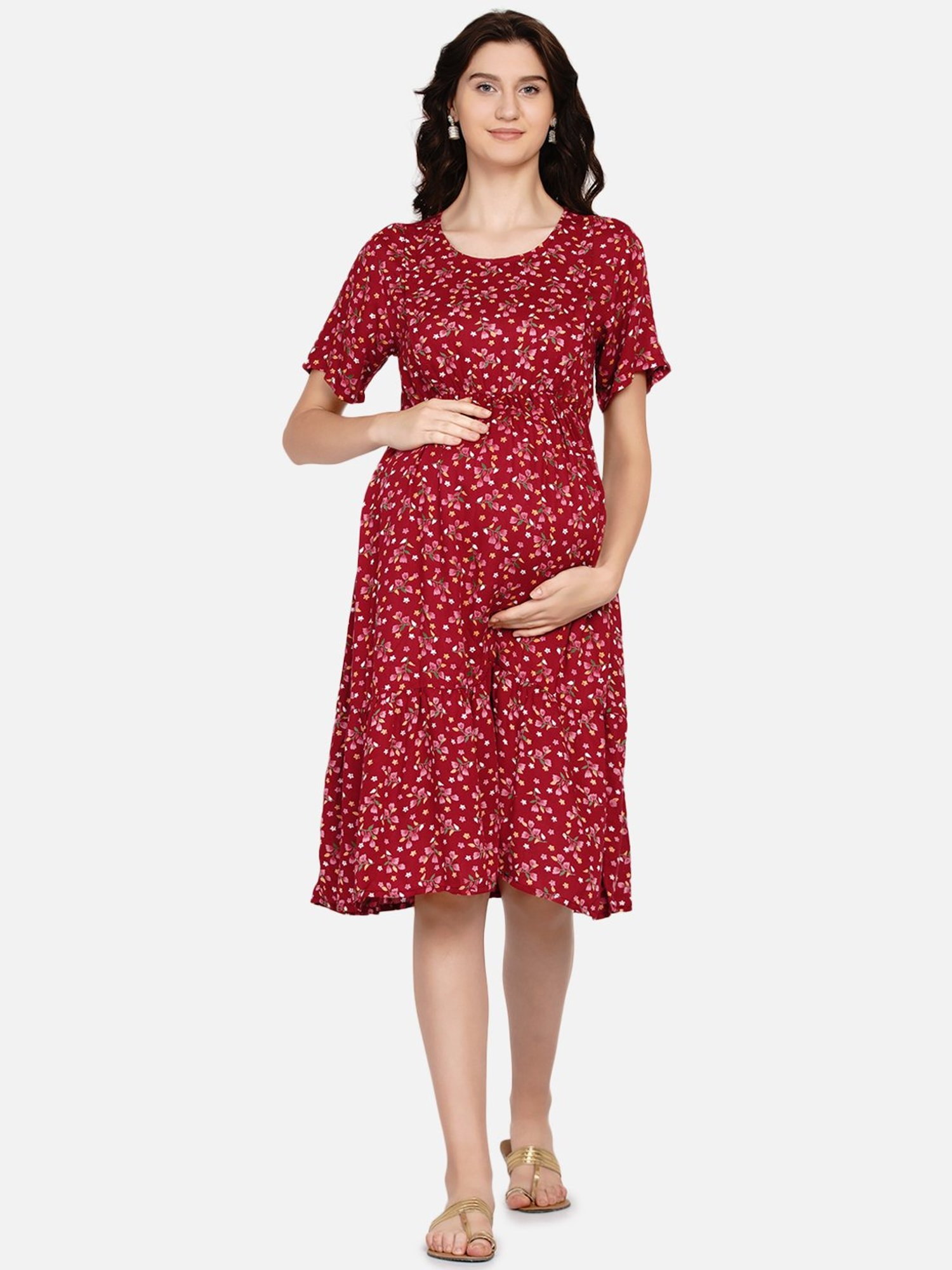 Mine4Nine Maroon Floral Print Maternity Dress