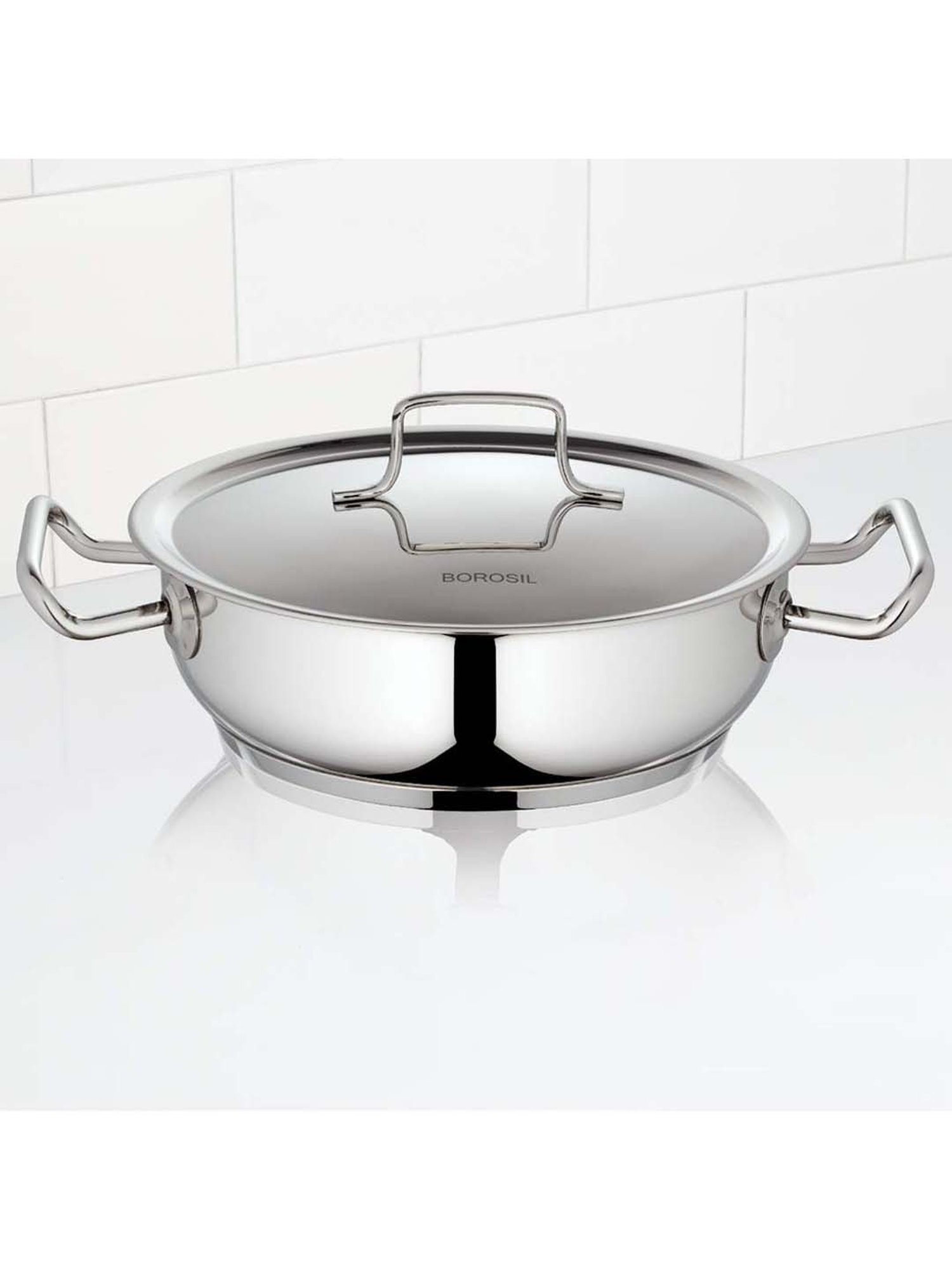 Borosil Silver Stainless Steel Flat Kadai with Lid (2800 ml) - Set of 1