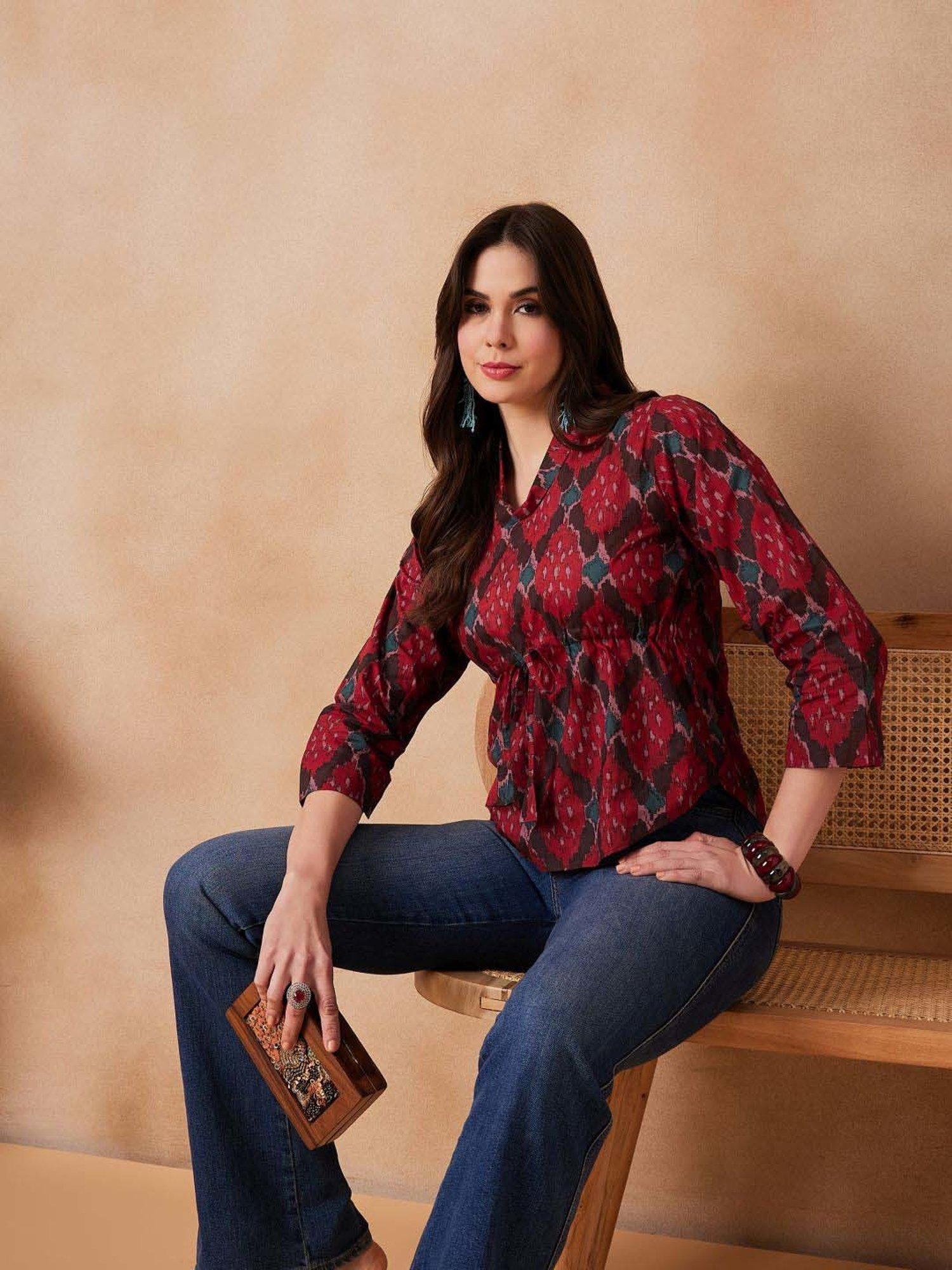 Inweave Red Cotton Printed Top