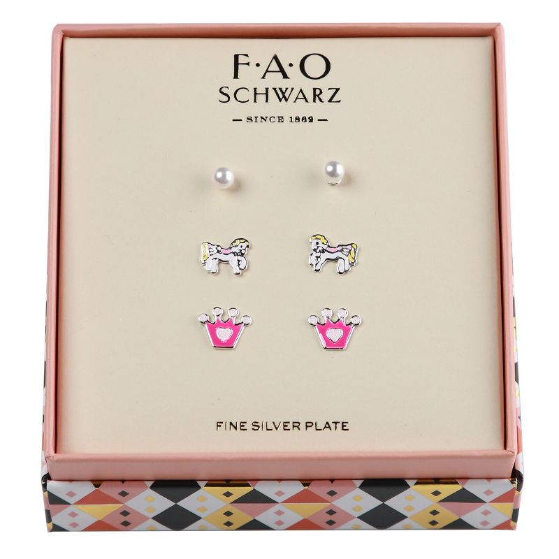 FAO Schwarz Enamel Unicorn, Crown and Pearl Trio Earring Set