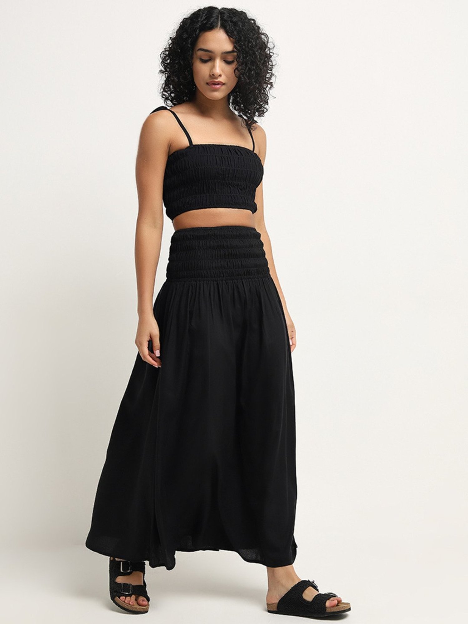 Wunderlove by Westside Black Smocked High-Rise Maxi Cotton Skirt