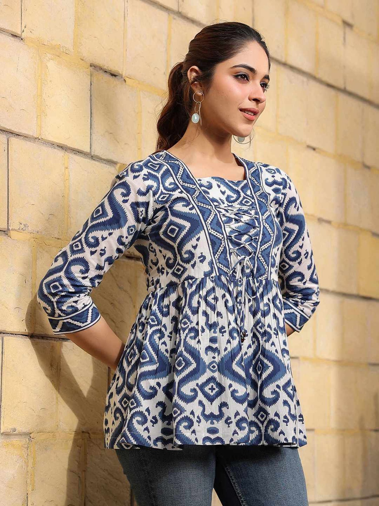 Rain and Rainbow Blue Cotton Floral Print Top