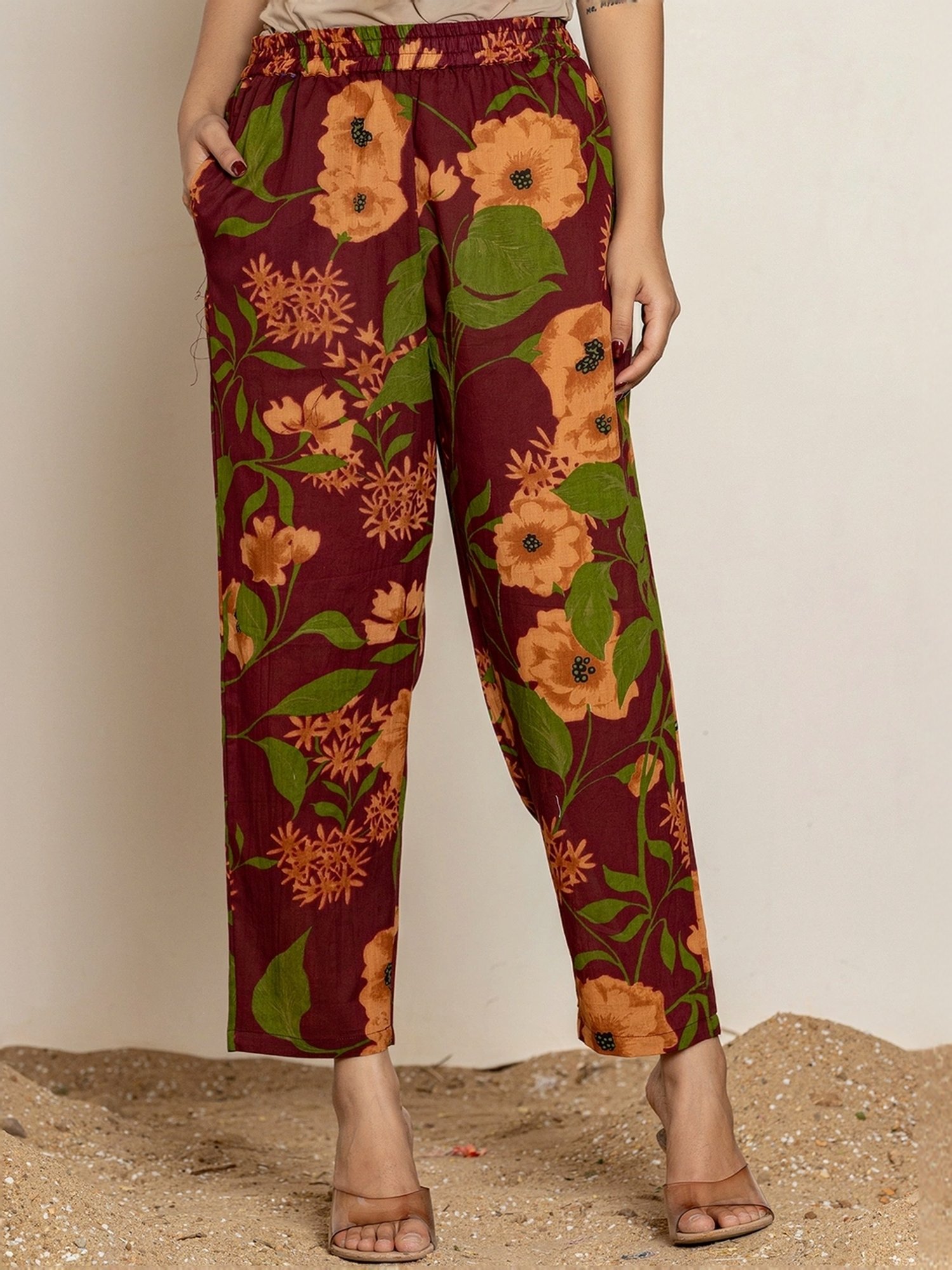 Yufta Maroon Cotton Printed Tunic Pants Sets