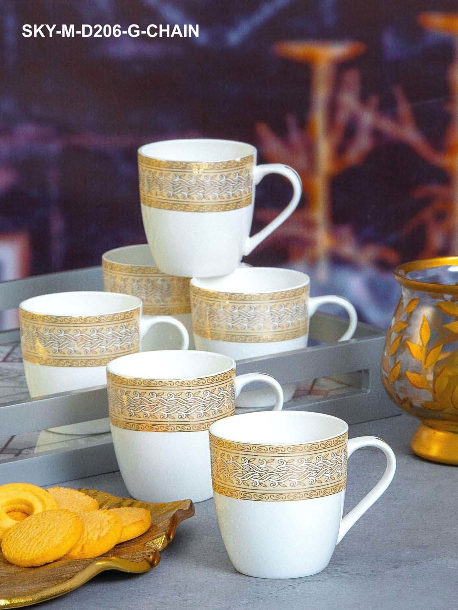 SONAKI White & Golden Bone China Tea Cup (0.17 L) - Set of 6