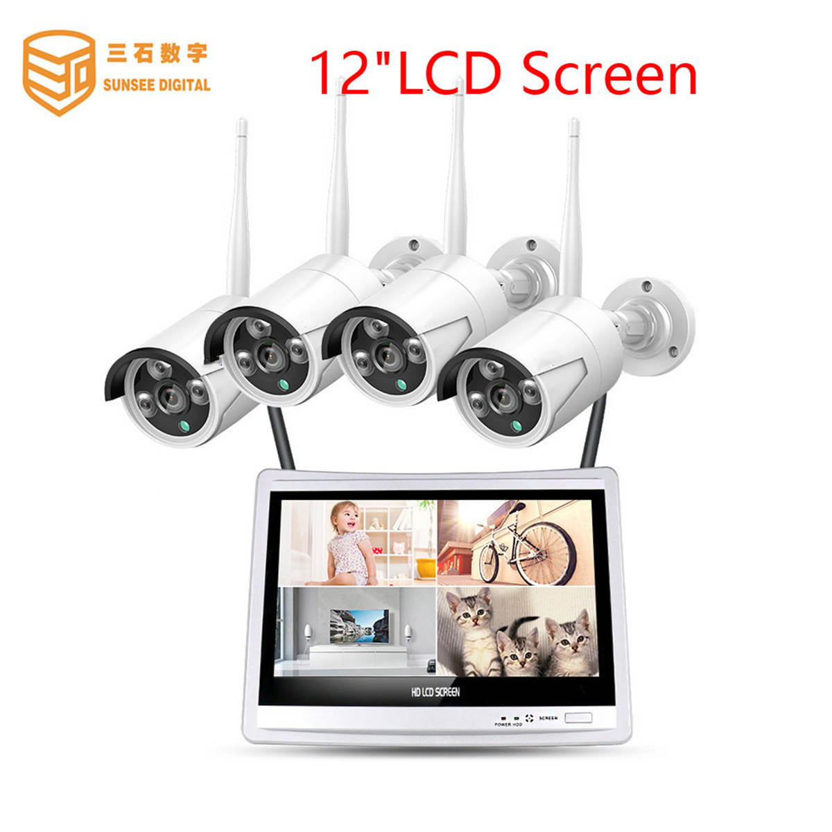 SUNSEE DIGITAL 12'' Displayer 4pcs 1080P Wireless CCTV IP Camera System 4CH NVR wifi video surveillance home Security System Kit