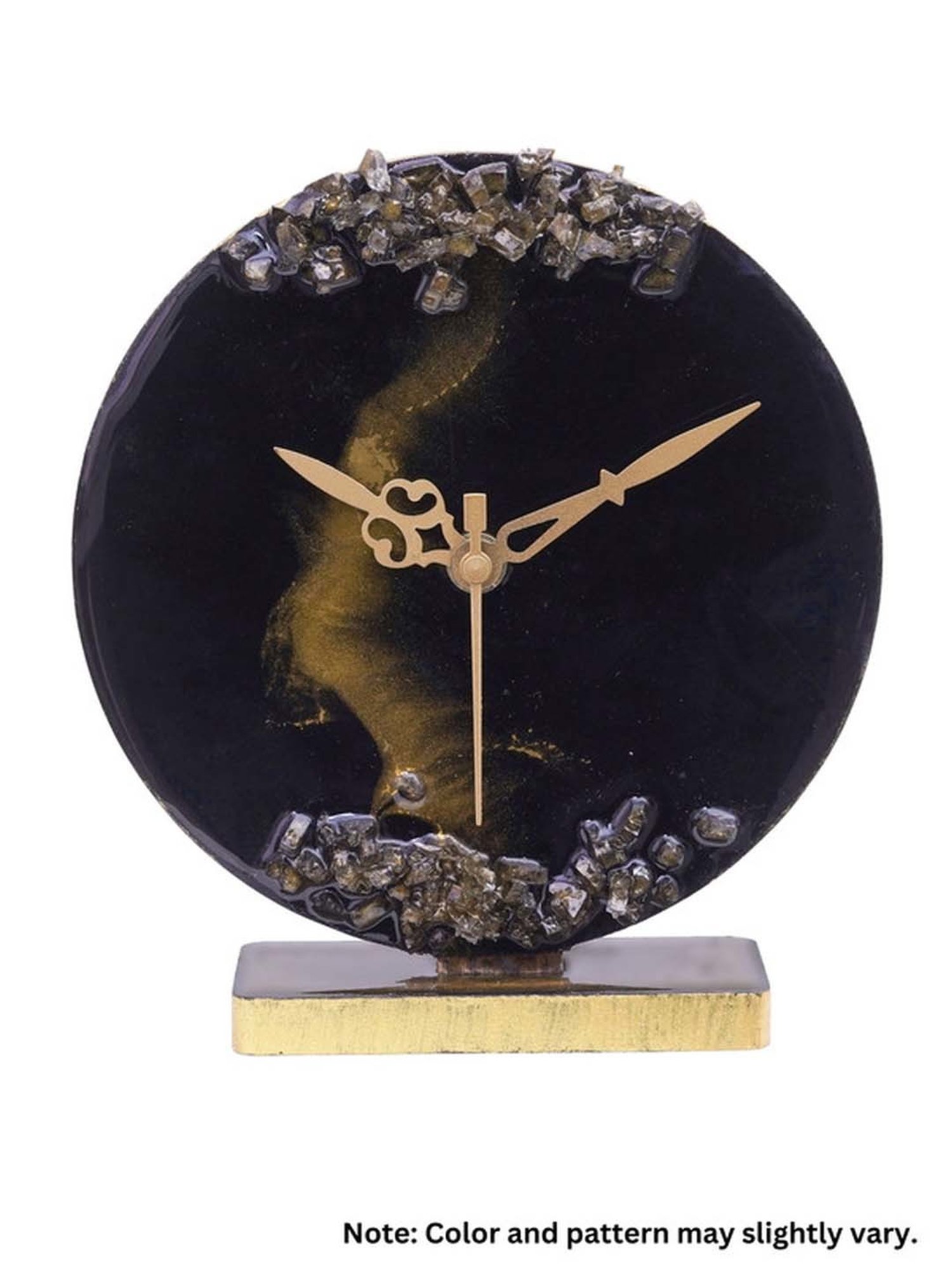 CHRONIKLE Black & Gold Resin Elegant Round Shade & Stone Art Analog Table Clock