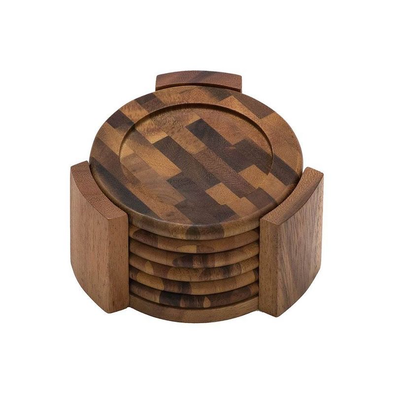 Lipper International Acacia 7 Piece Wood Coaster Set w/ Holder and Serving Tray