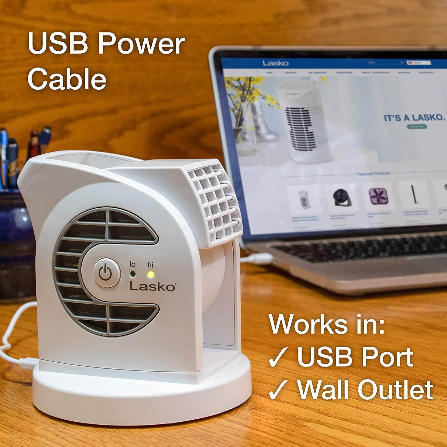 Lasko MyCool D300 Mini USB Desk Fan with 40in. USB Cable and Bonus AC Adapter &ndash; Small Quiet Portable Personal 2-Speed Fans for Staying Cool at Home, Work, Office, Dorm, Car, and Travel, White