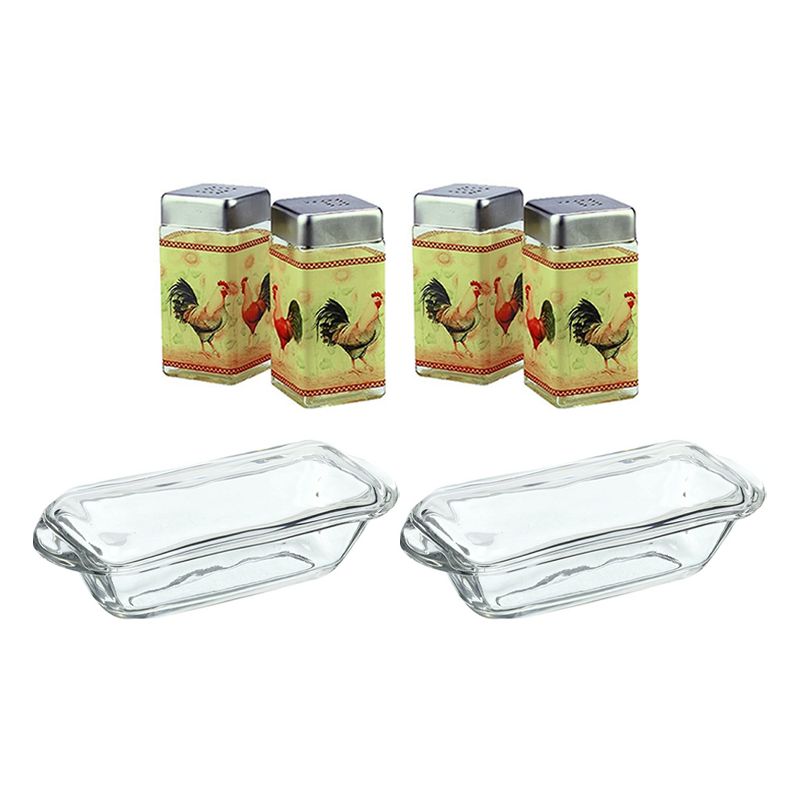 Grant Howard 2 Square Modern Square Rooster Salt and Pepper Shaker Sets & 2 Rectangular Glass Butter Dishes