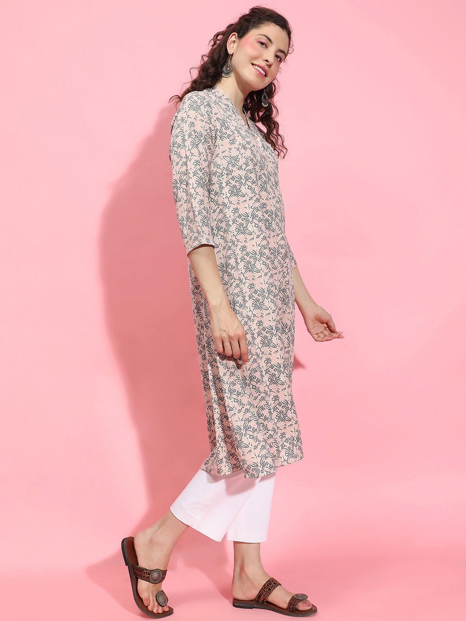 Oxolloxo Light Pink & Grey Printed Kurta