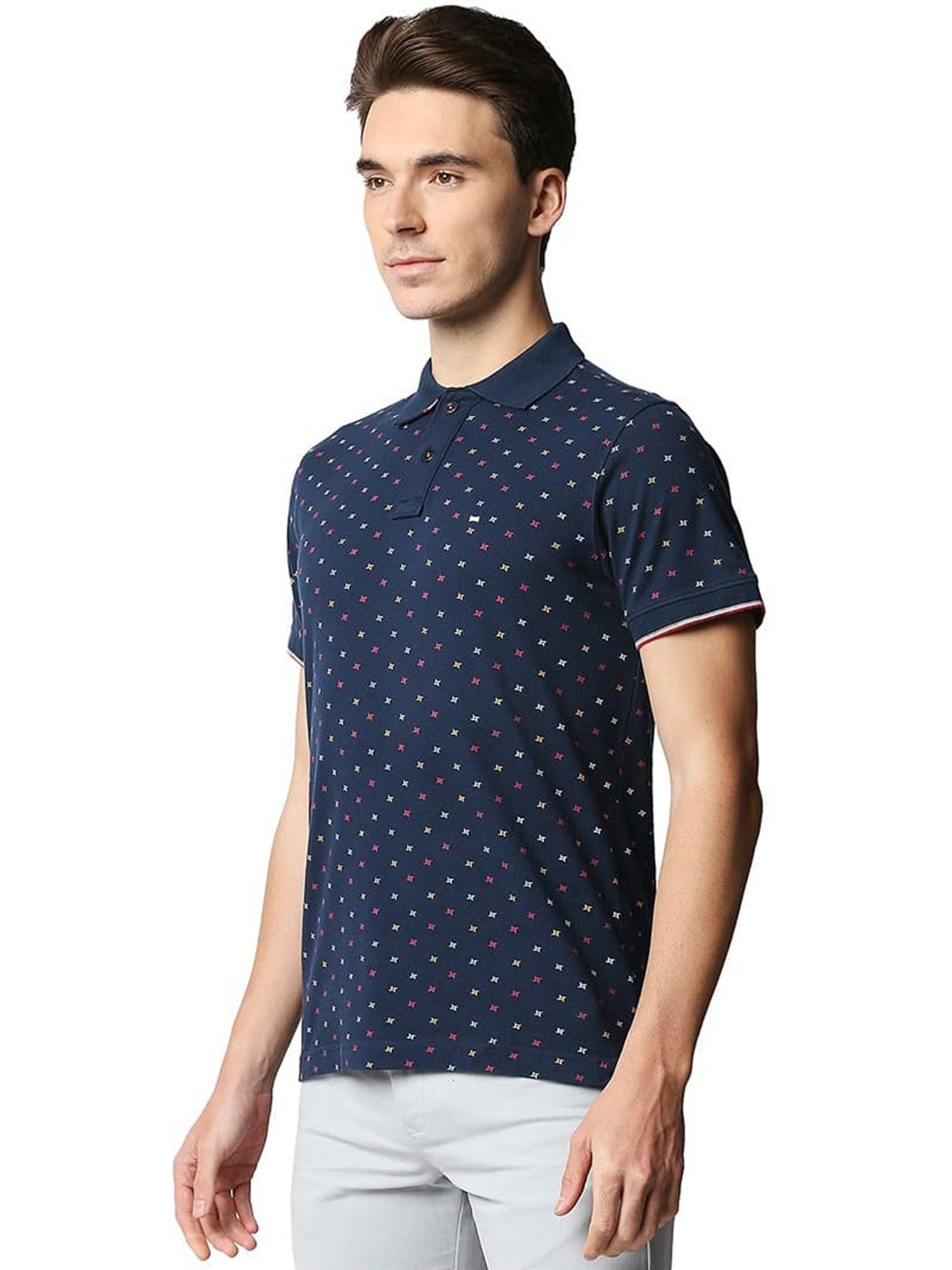 Basics Pageant Blue Cotton Muscle Fit Printed Polo T-Shirt