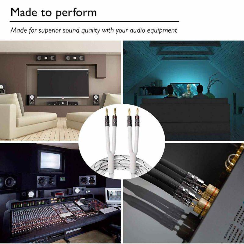 GearIT 14AWG Premium Heavy Duty Braided Speaker Wire (10 Feet) with Dual Gold Plated Banana Plug Tips - Oxygen-Free Copper (OFC) Construction, White