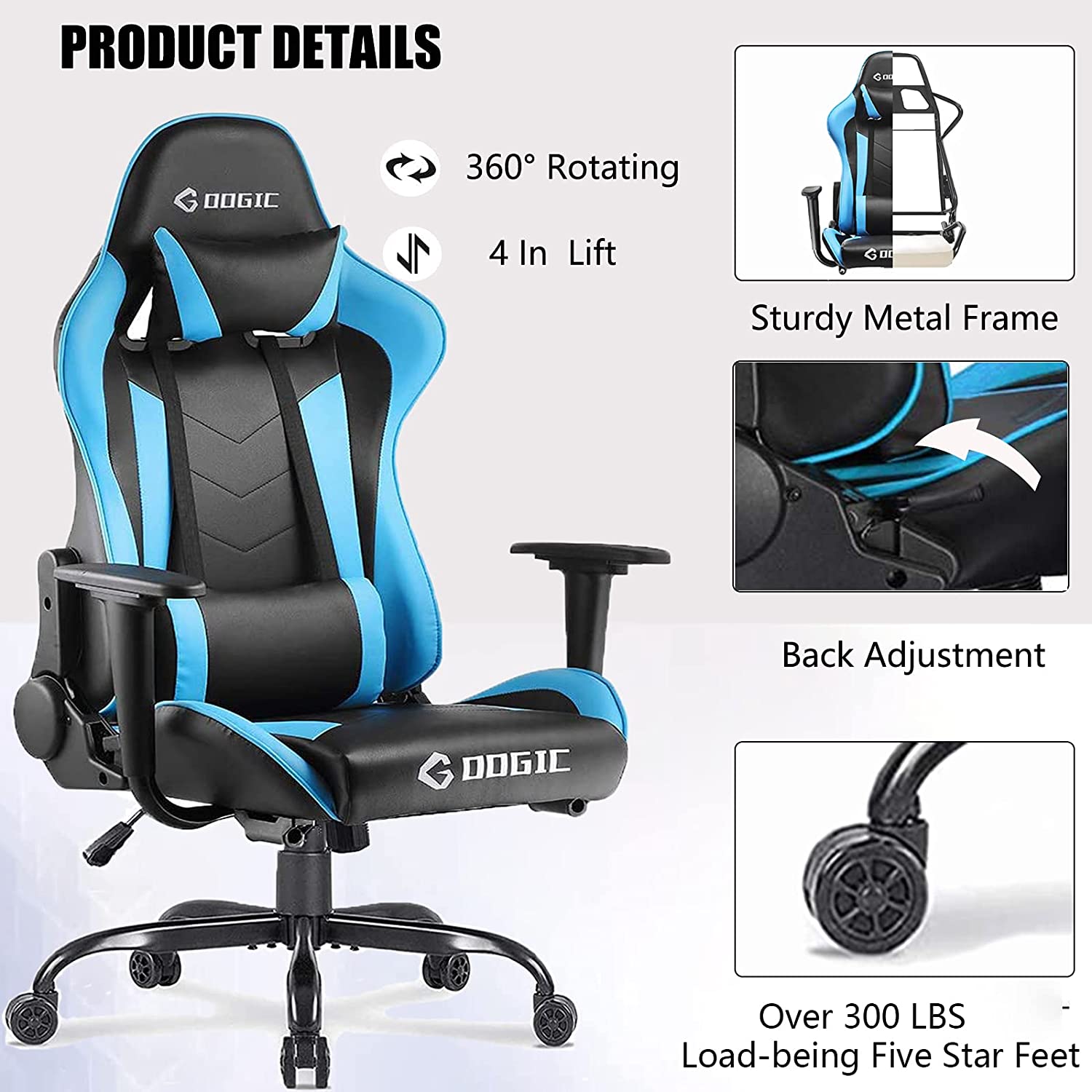 Gaming Chair Racing Computer Chair Ergonomic High Back Video Game Chair PU Leather E-Sports Chair with Headrest and Lumbar Support Executive Office Chair (Blue)