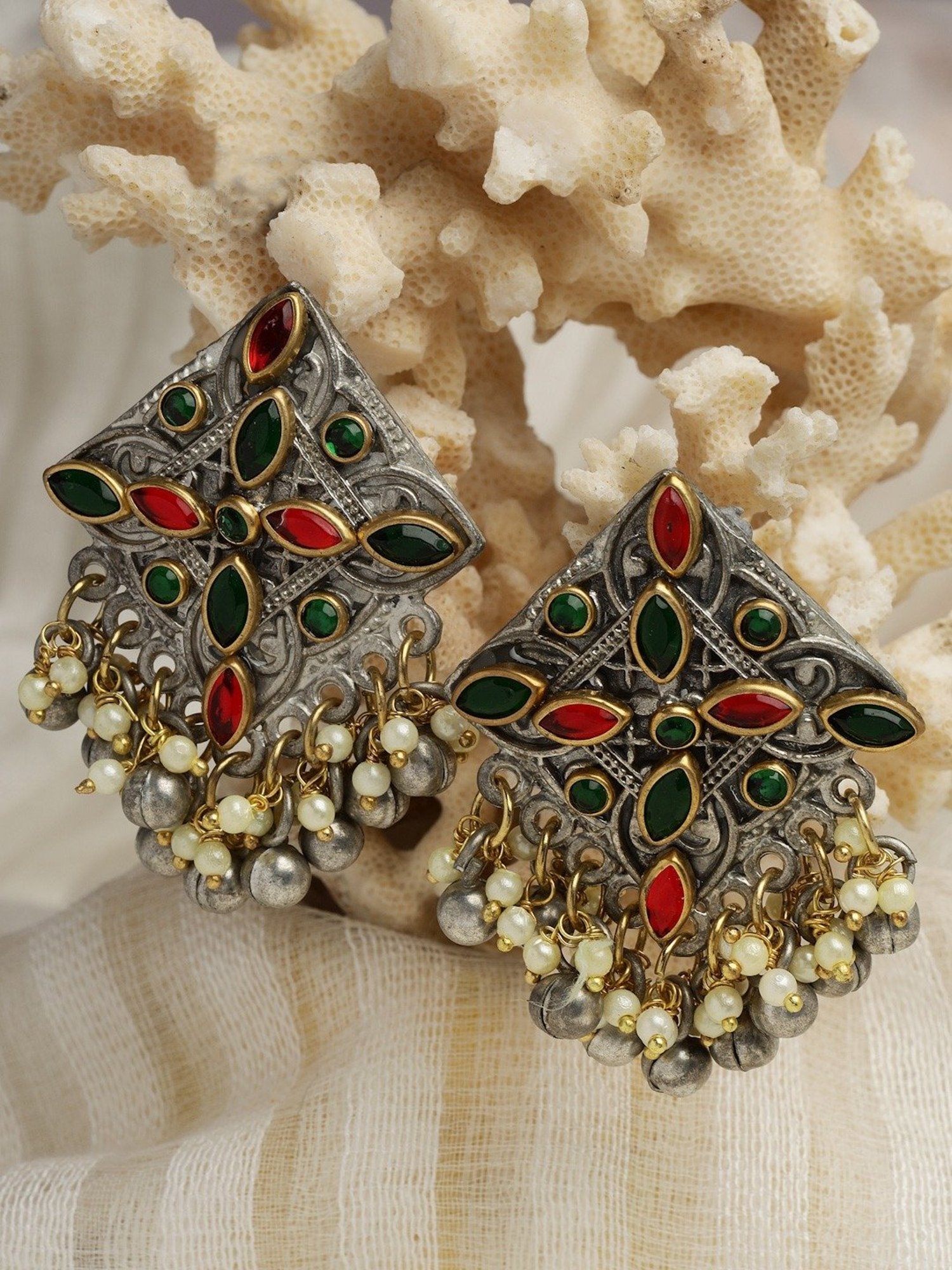 Moedbuille Crystal Ghungroo & Pearl Studded Antique Design Silver-Plated Tasselled Stud Earrings