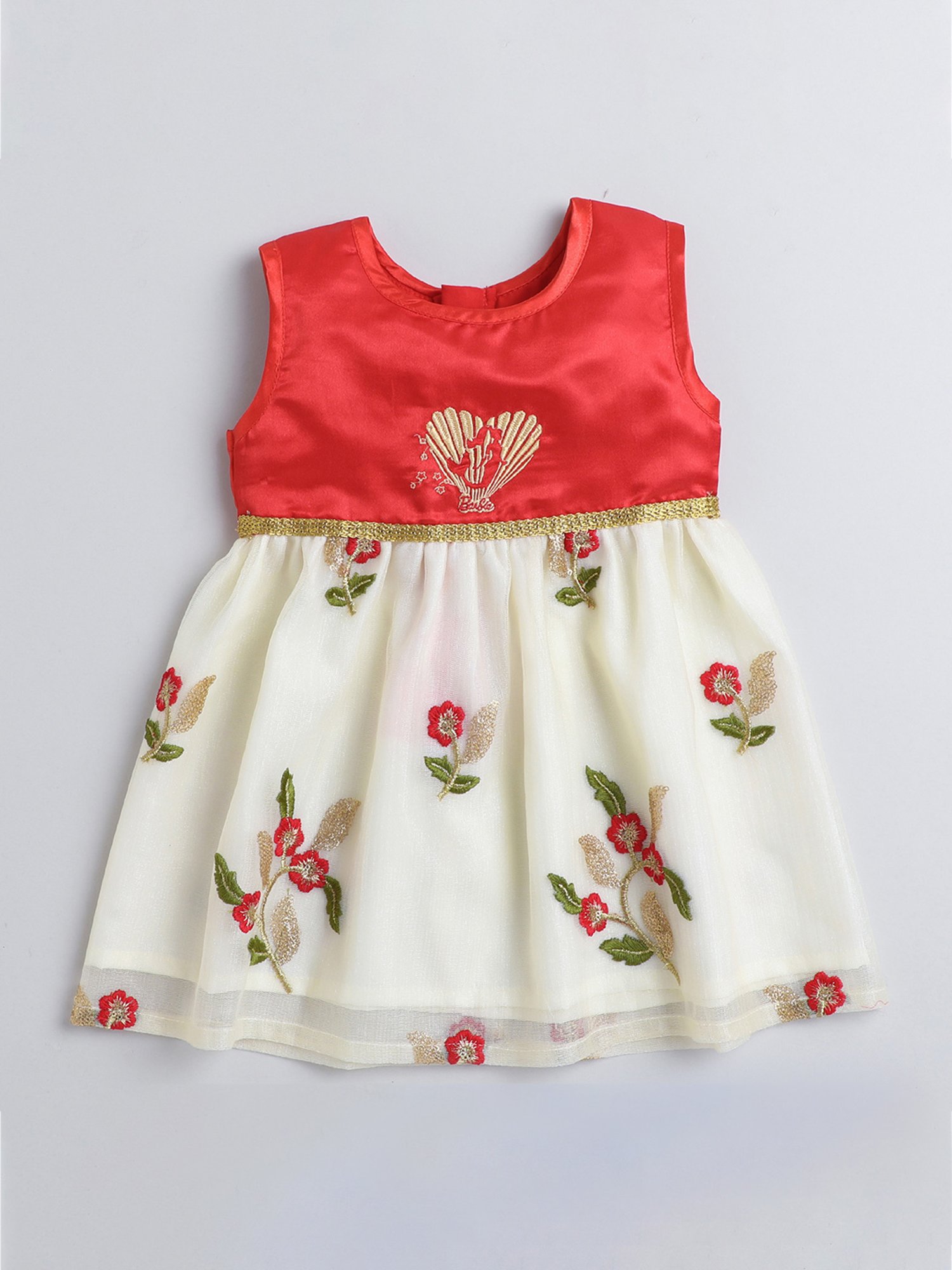 Many Frocks Kids Red & Cream Embroidered Dress
