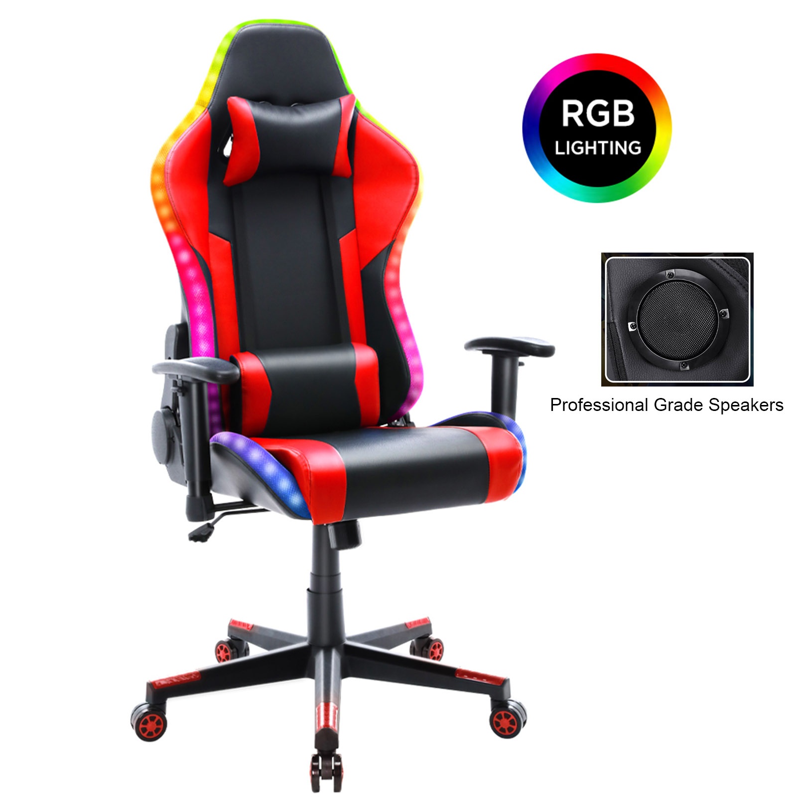 YOUTHUP Gaming Chair with RGB LED Lights, Racing Style Recliner Swivel Video Computer Chair with Bluetooth Speakers, Adjustable Ergonomic High Back, PU Leather with Headrest and Lumbar Support, Pink