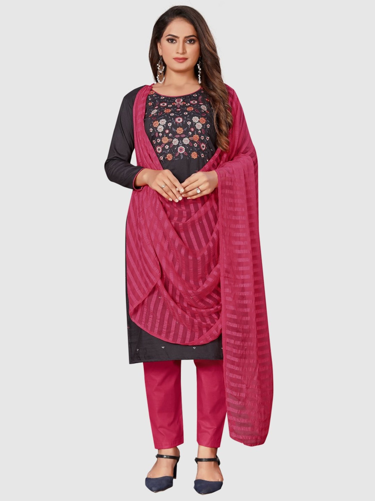 APNISHA Black Cotton Embroidered Unstitched Dress Material