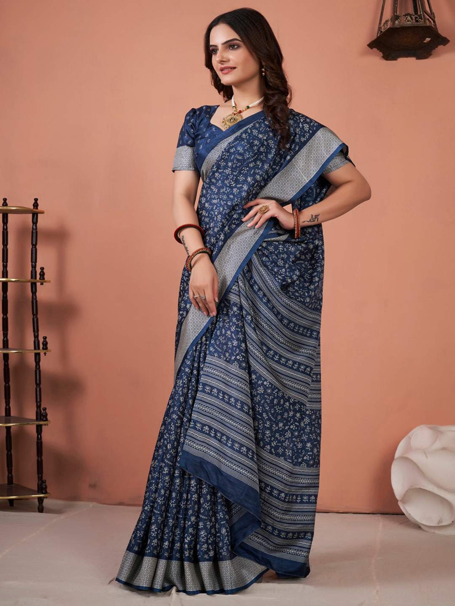 Saree Mall Navy Silk Printed Saree With Unstitched Blouse