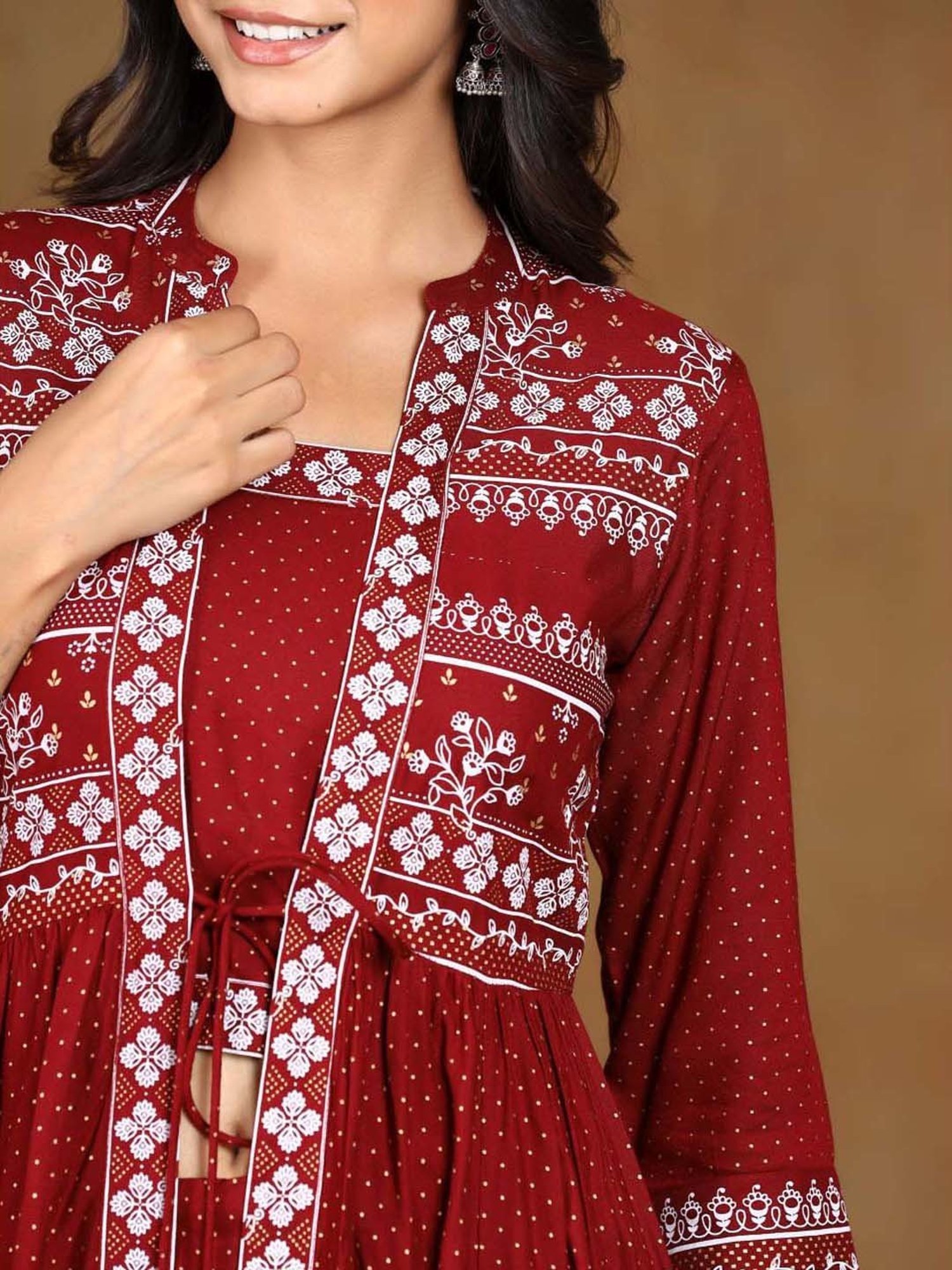 Juniper Maroon Ethnic Motif Printed Rayon Jacket Style Kurta & Pants Set