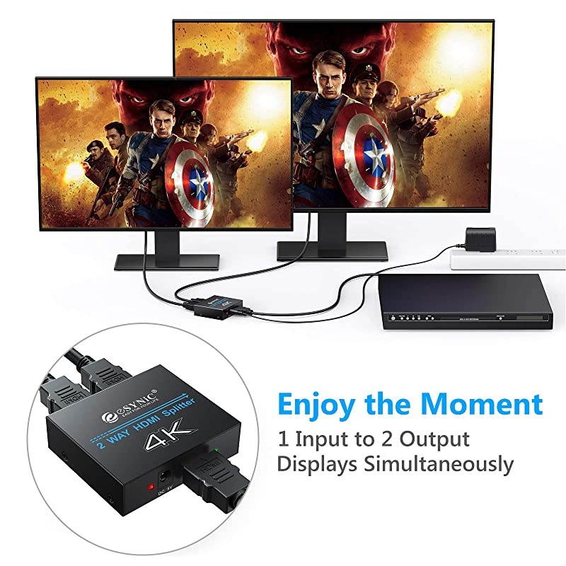 1x2 HDMI Splitter, 4K HDMI Splitter 1 in 2 Out HDMI Amplifier Adapter Aluminum Ver 1.4 HDCP with Power Adapter Supports 3D 4K@30HZ Full HD1080P for PC PS3 PS4 Blu-ray Player HDTV