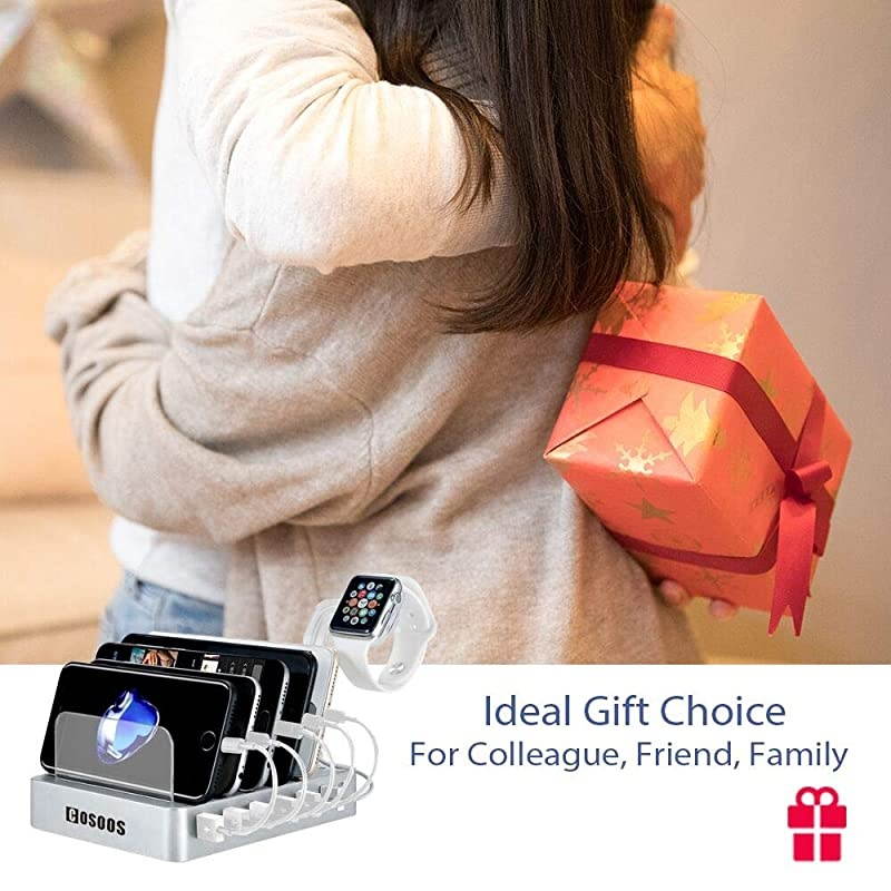 USB Charging Station, Charger Station with 5 Phone Cable,1 Type-C,1 Micro Cable,6-Port Charging Station for Multiple Devices(Silver White)