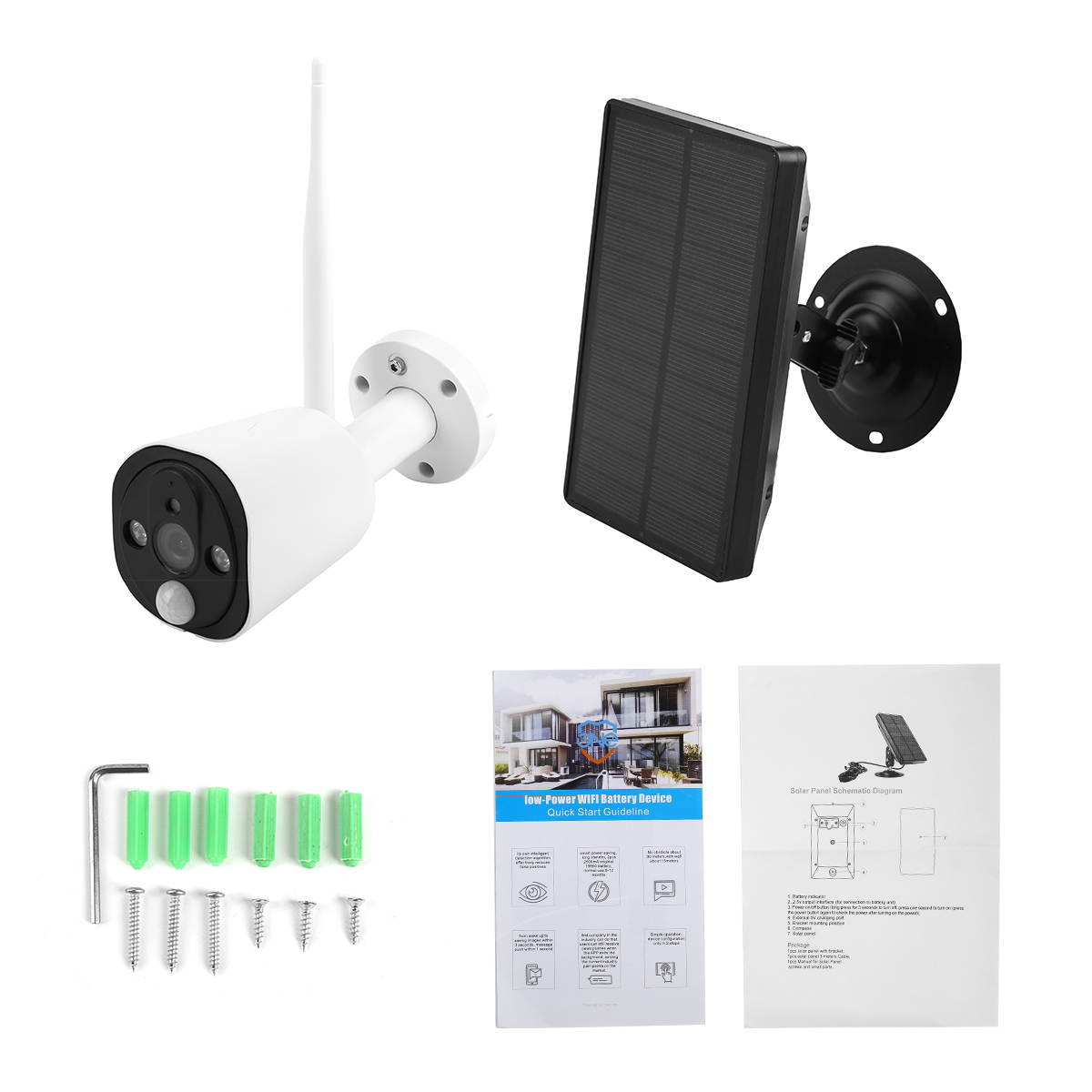 WiFi Solar Powered Security Camera Wireless 1080P Outdoor Network IP65 Waterproof Webcam PIR Motion Detection,White