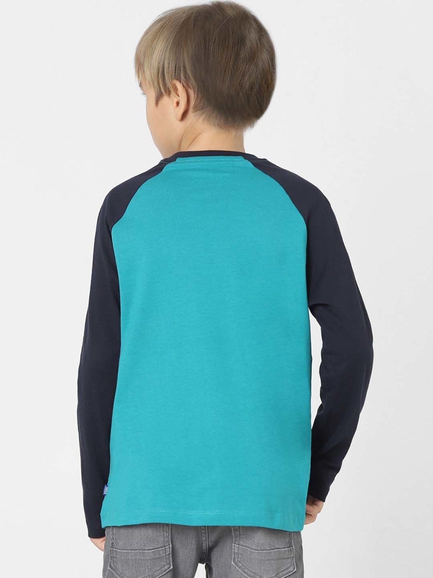 Jack & Jones Junior Teal Blue & Black Cotton Color Block Full Sleeves T-Shirt