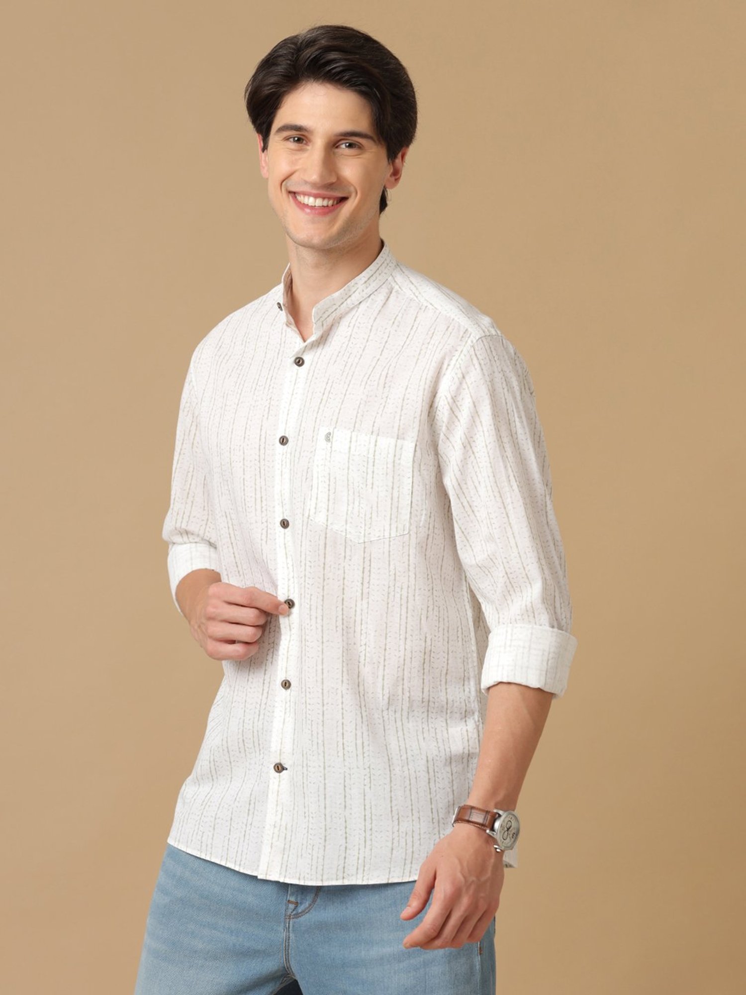 CAVALLO by Linen Club Light Grey Contemporary Fit Printed Shirt