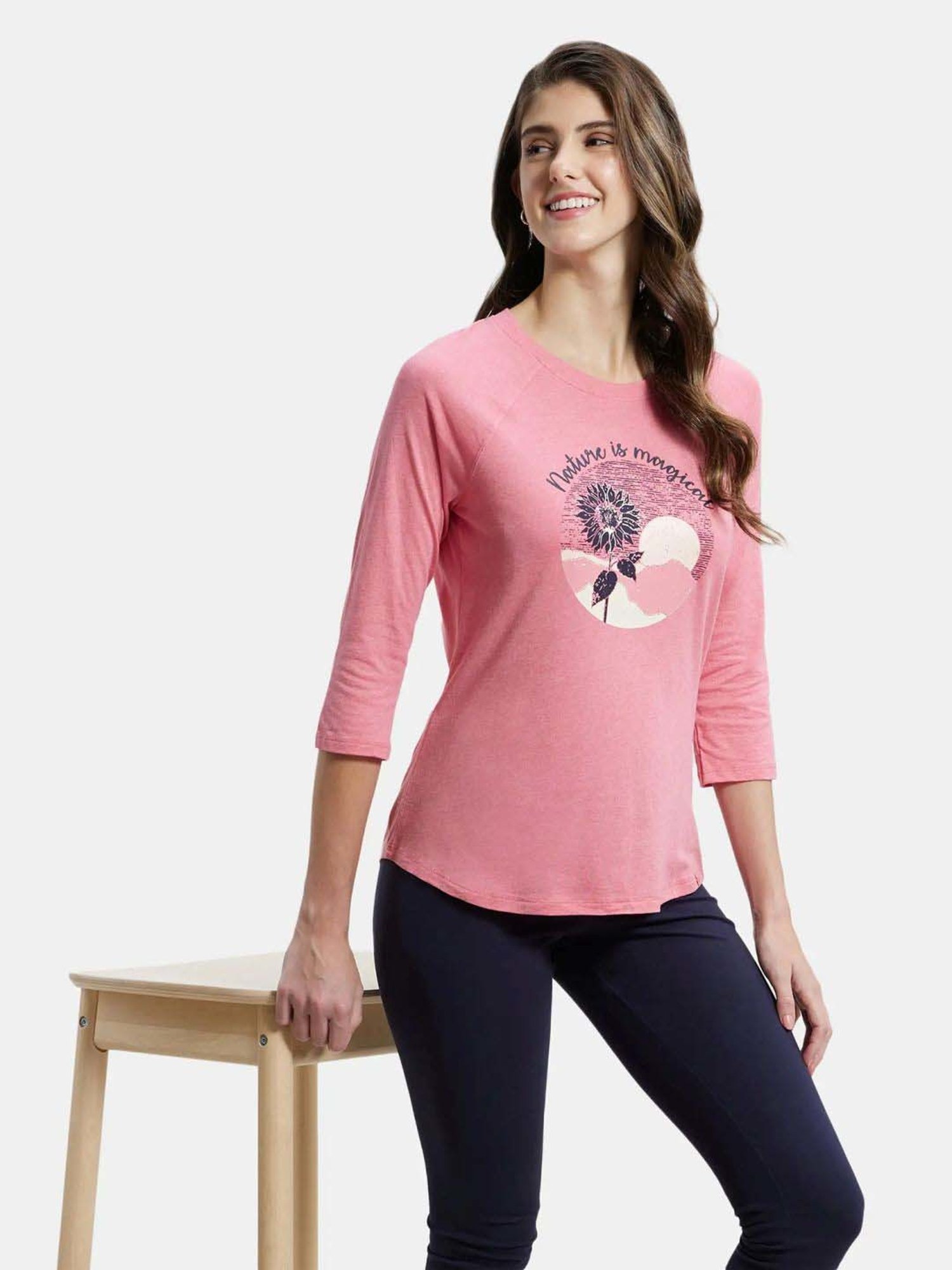 Jockey AW46 Women's Micro Modal Cotton Relaxed Fit Graphic Printed Three Quarter Sleeve T-Shirt
