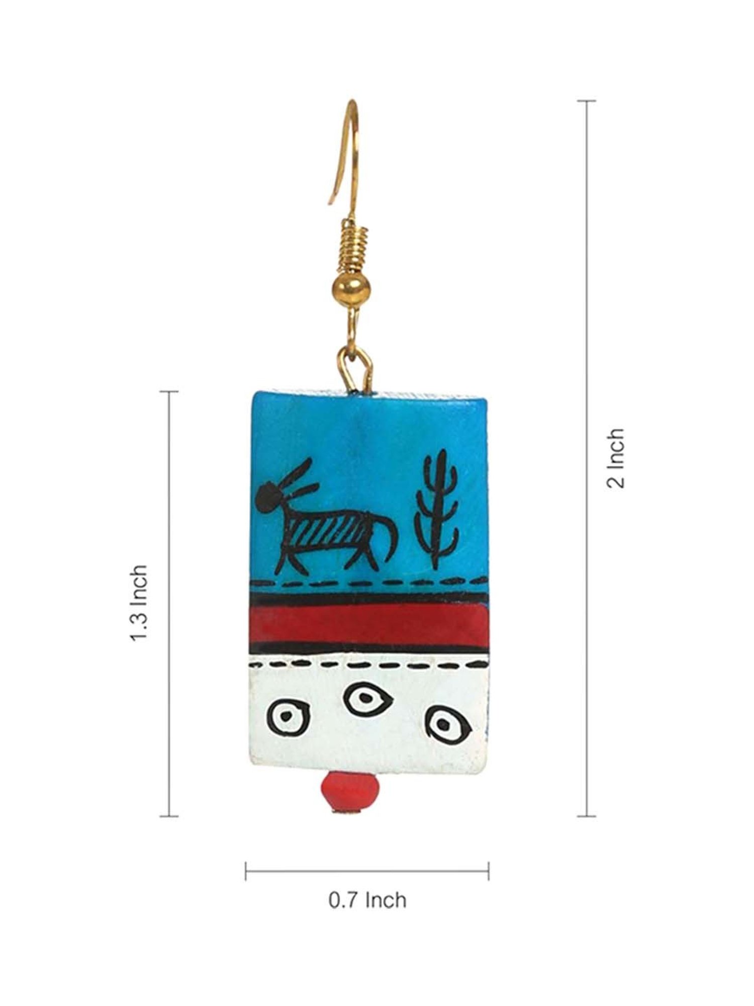 ExclusiveLane 'Tribal Warli Rectangles' Teal Blue & Red Resin Earrings in Warli Art