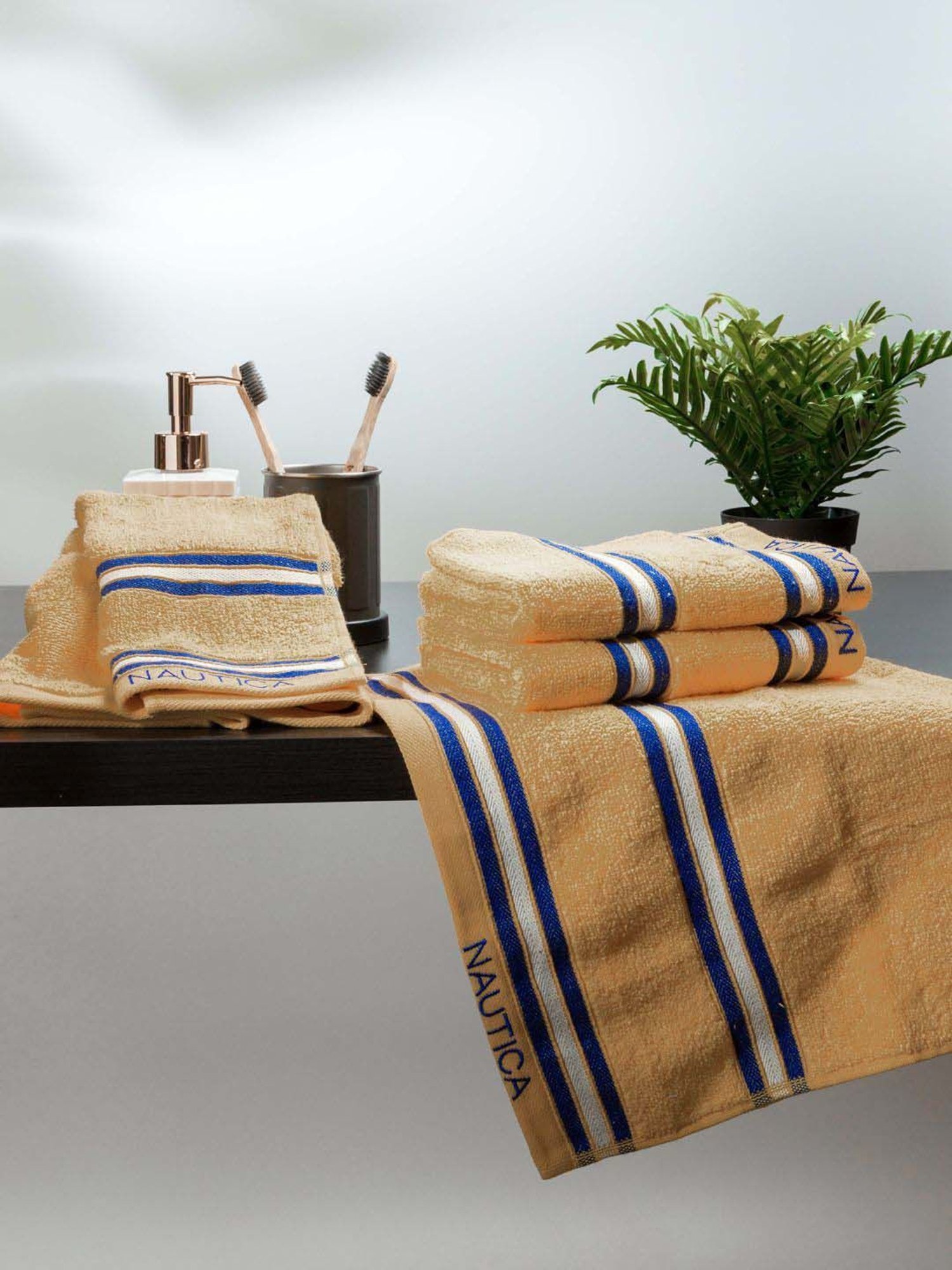 Nautica Vintage Crew Stripe Beige Cotton 500 GSM Super Soft Zero Twist Hand Towel - Set of 4
