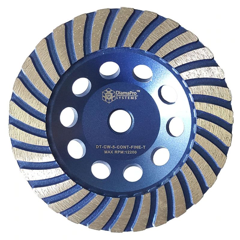 DiamaPro Systems DT-CW-5-CONT-FINE-T Threaded 5 Inch Continuous Rim Turbo Concrete Polishing Grinding Cup Wheel for Rounded Corners, Fine