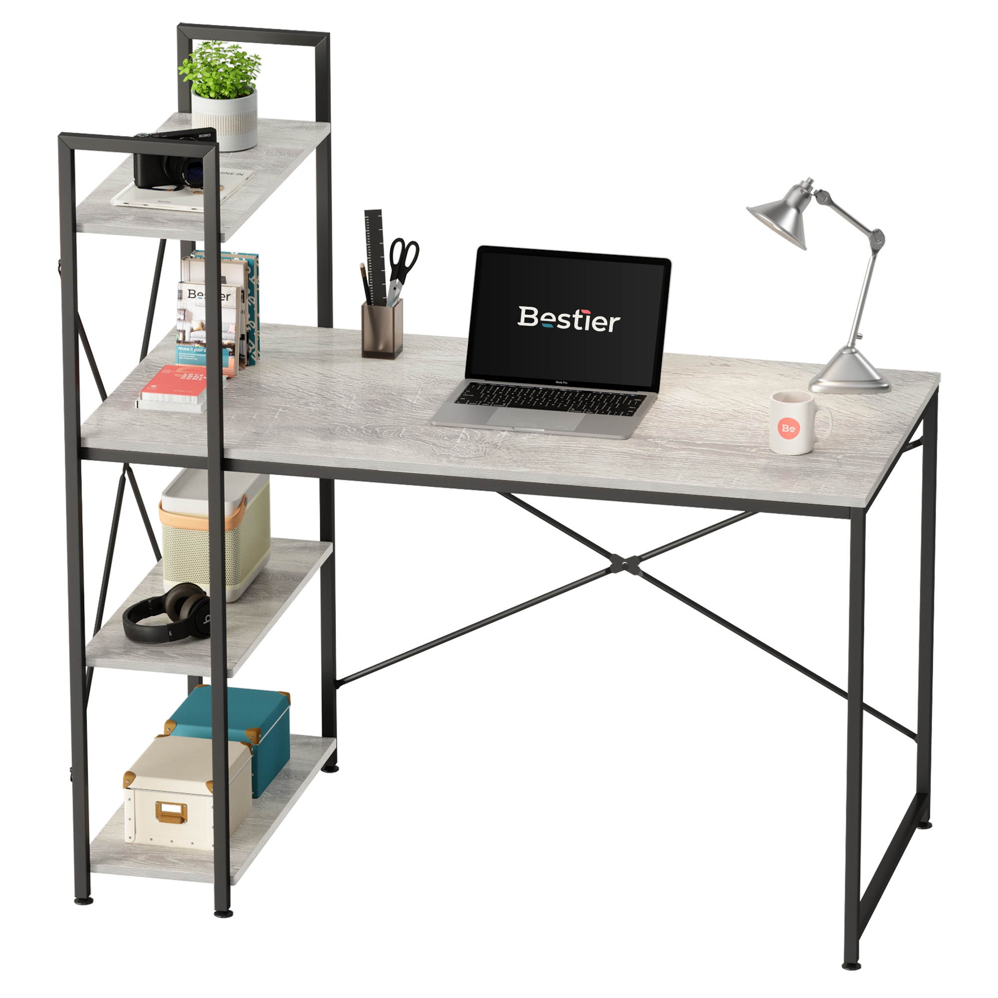 Bestier 63 Inch Computer Desk with Storage Shelves, Modern Bookshelf Desk with Headphone Hook Large Workstation Writing Desk with Reversible Bookshelves Home Office Work Table Study Desk Grey