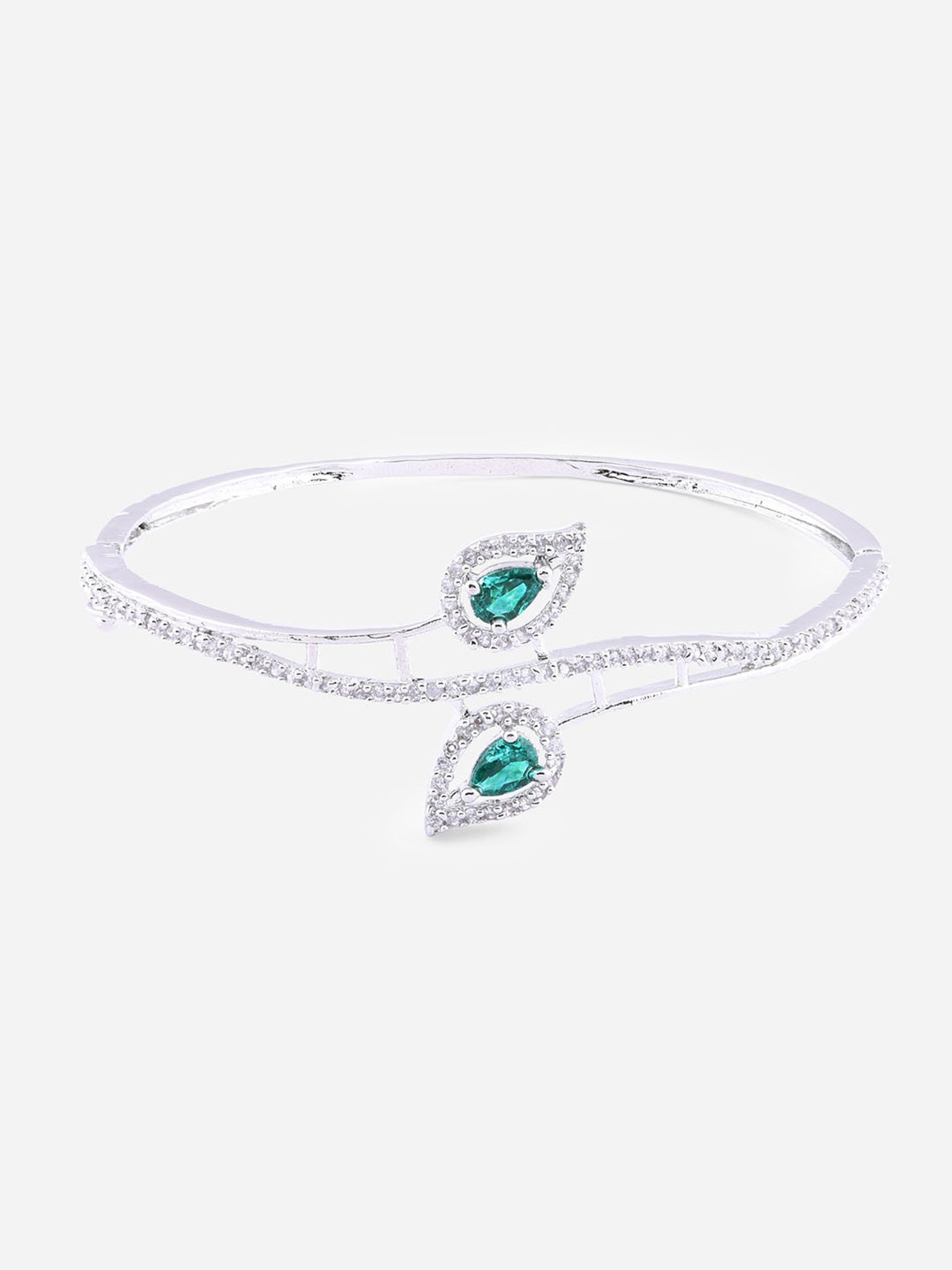 Fida American Diamond Emerald Silver-Plated Leaf Bangle-style Bracelet for Women