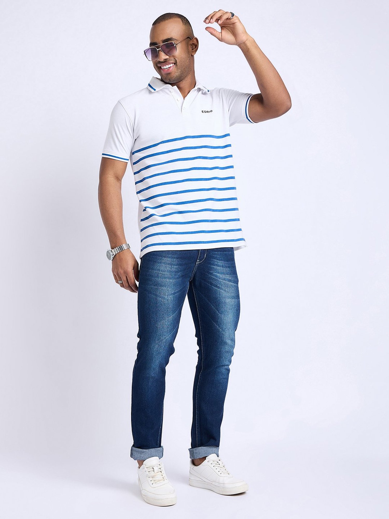 EDRIO White & Blue Regular Fit Striped Polo T-Shirt
