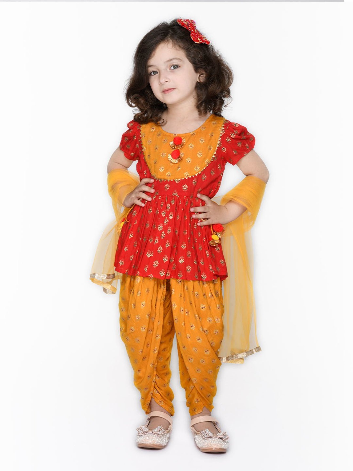 Saka Designs Kids Red & Mustard Printed Jhabla with Dhoti & Dupatta