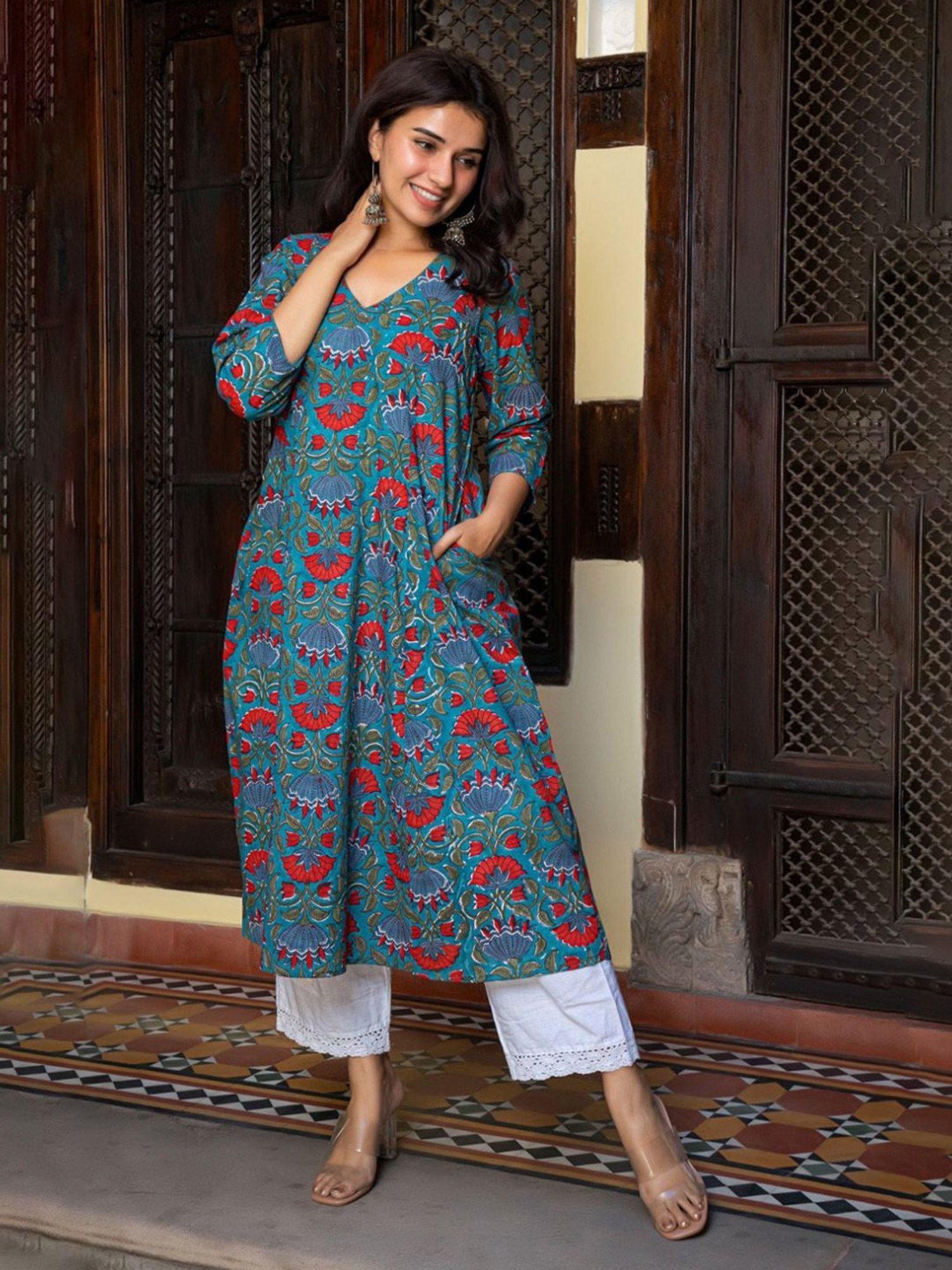 Eeshva India Green Hand Blocked Kali Kurta In Cotton