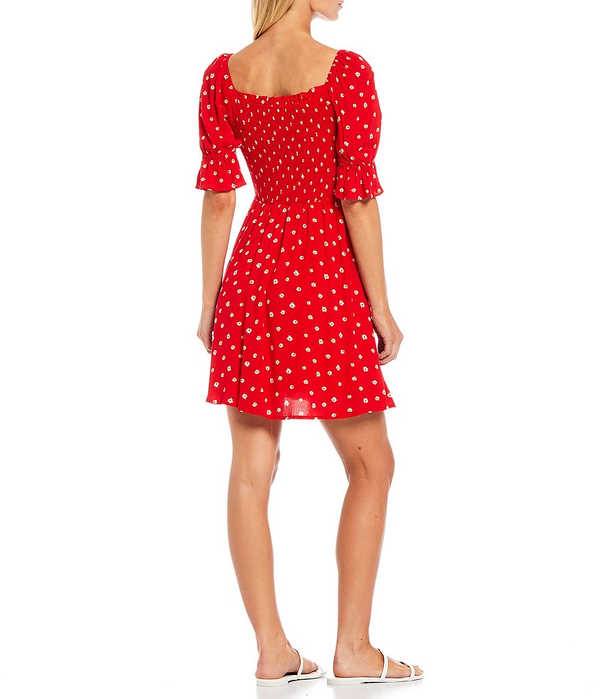 Skies Are Blue Floral Print Square Neck Short Sleeve Smocked Mini Dress