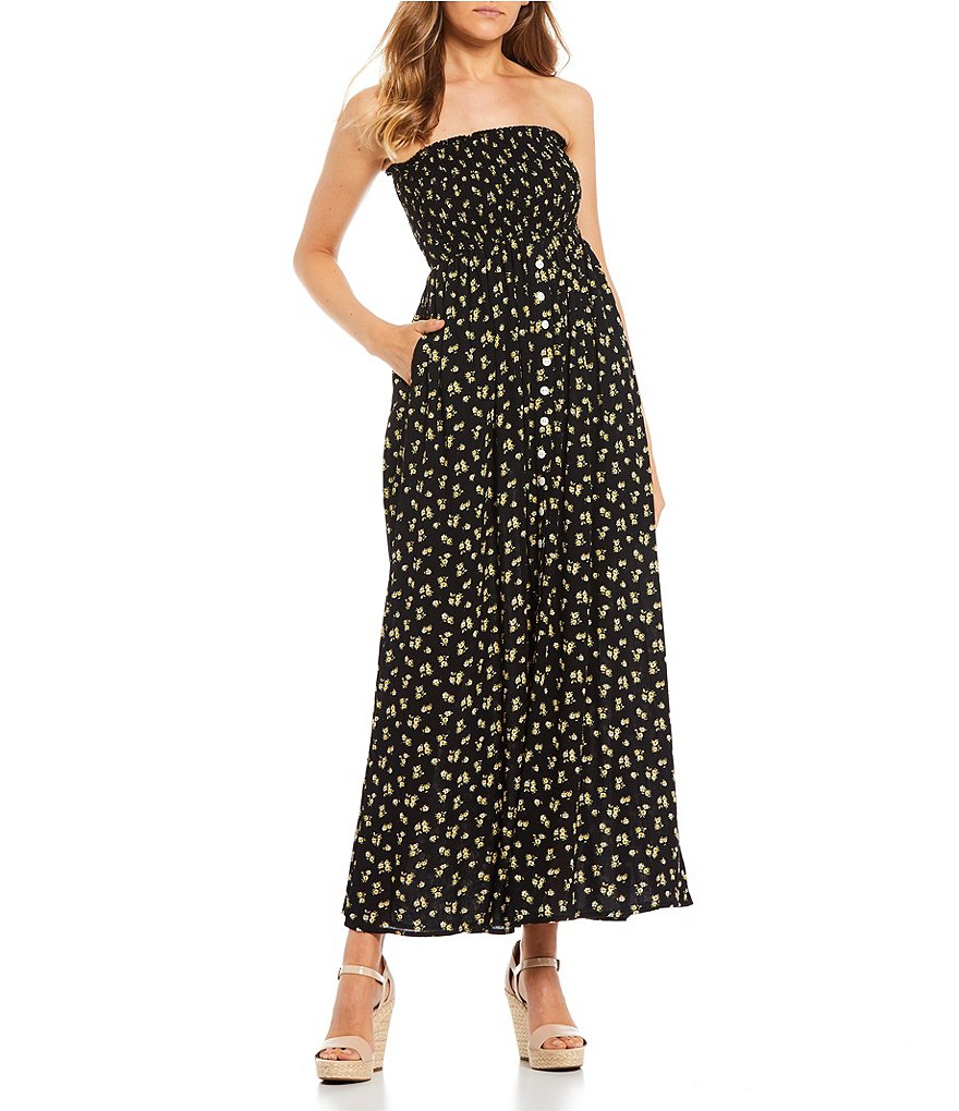 Stilletto's Floral Strapless Smocked Button Front Maxi Dress