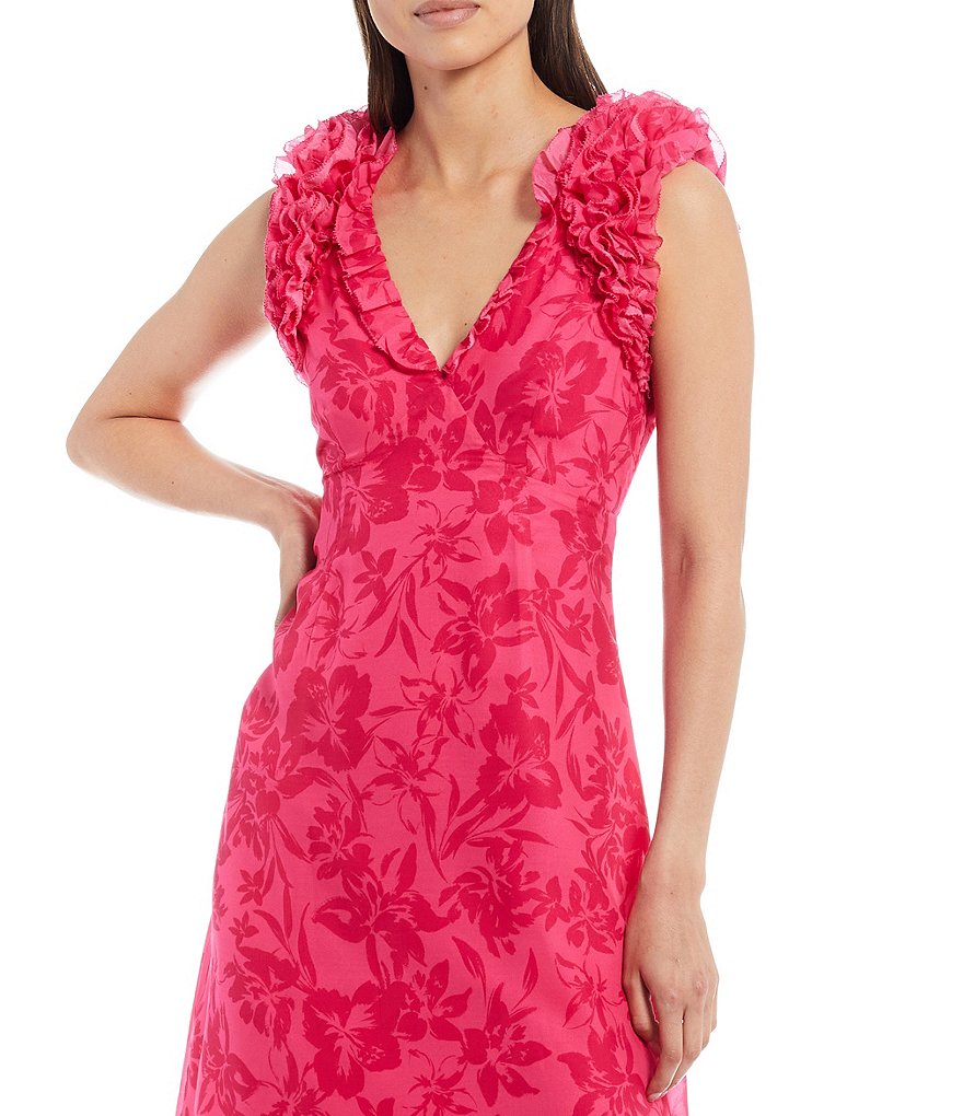 Adelyn Rae Tonal Print Ruffle Sleeveless V-Neck Midi Dress