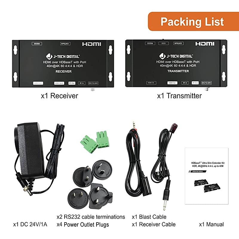 HDBaseT 4K@60Hz HDMI 2.0 Extender with a Local Loop Out & Dual Outputs, HDR 4:4:4 up to 40m (130ft) Over Single Cable CAT5e/6A with RS-232 Control [JTECH-EX-HDBT381]