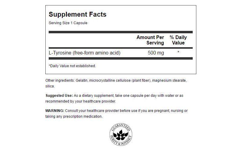 Swanson L-Tyrosine 500 mg 100 Capsules.